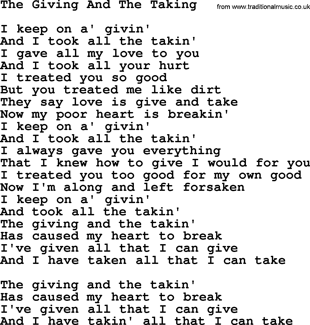 Dolly Parton song The Giving And The Taking.txt lyrics