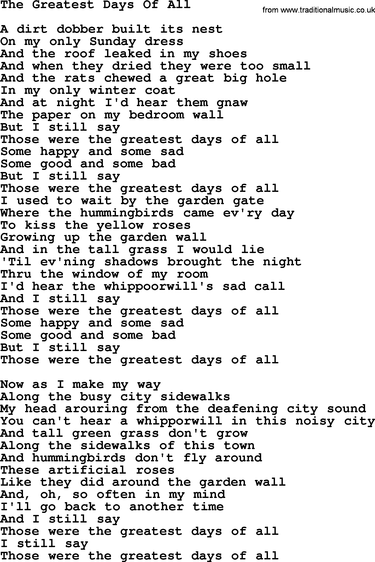 Dolly Parton song The Greatest Days Of All.txt lyrics