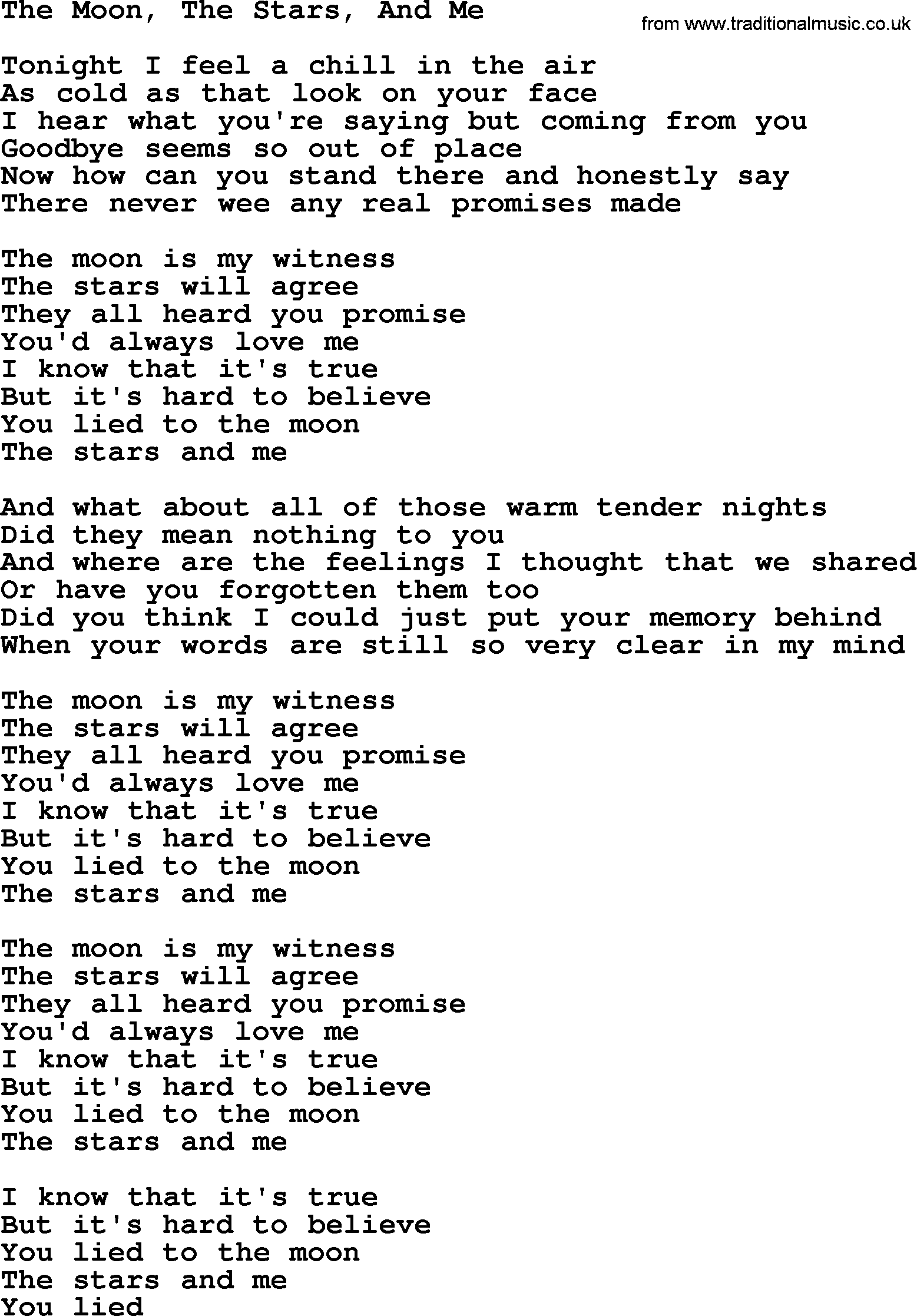 Dolly Parton song The Moon, The Stars, And Me.txt lyrics