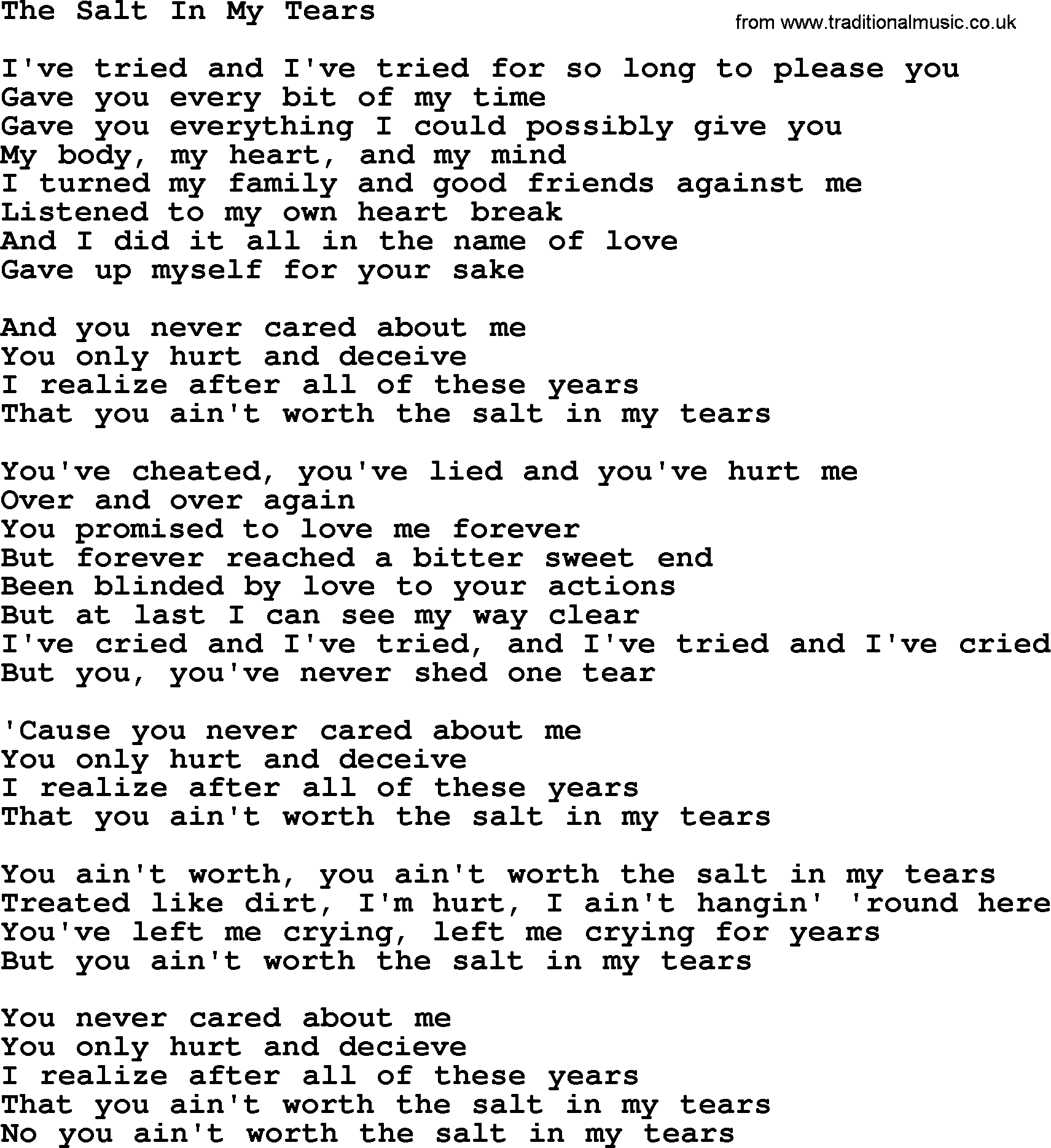 Dolly Parton song The Salt In My Tears.txt lyrics