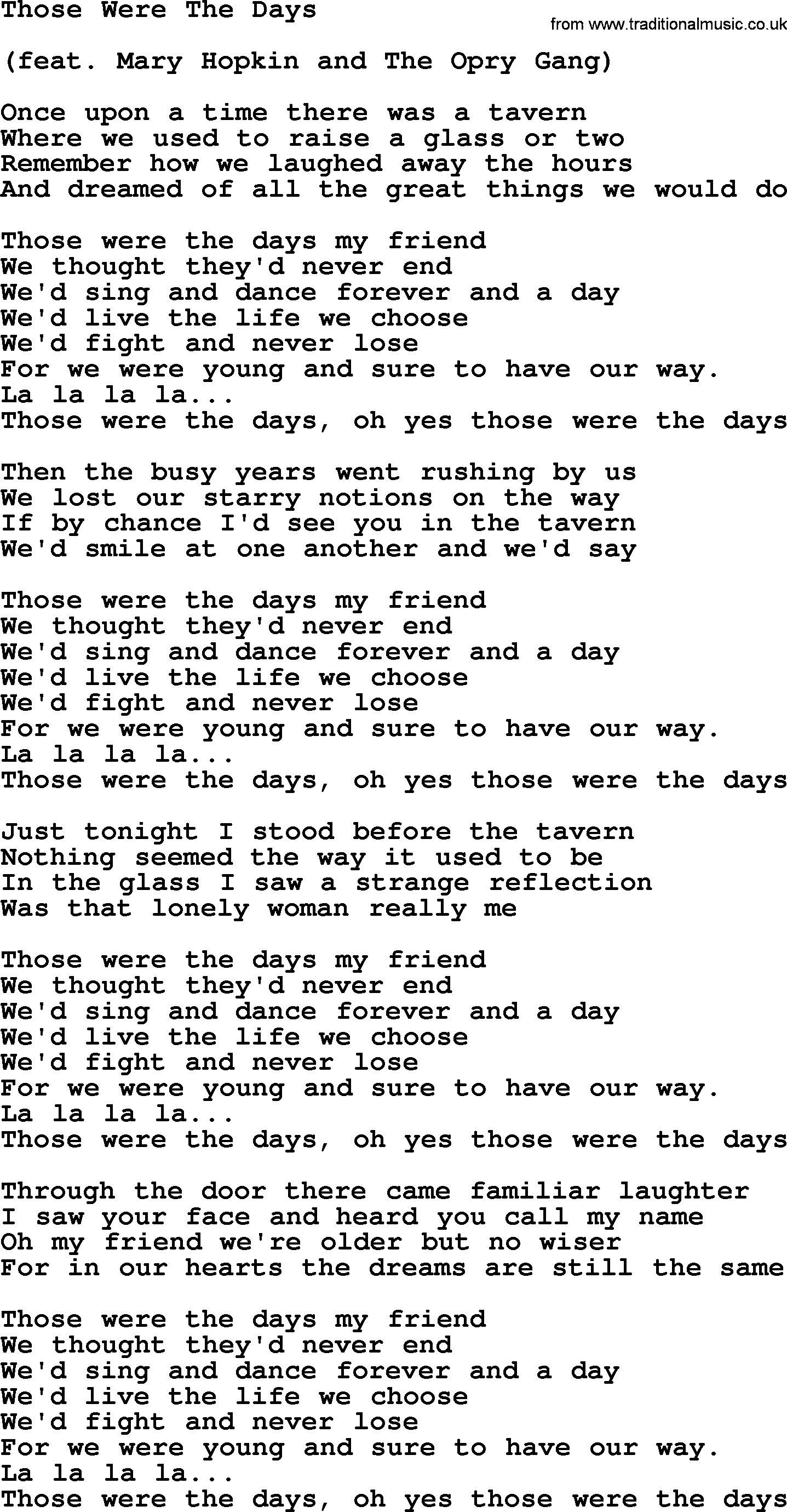 Dolly Parton song Those Were The Days.txt lyrics