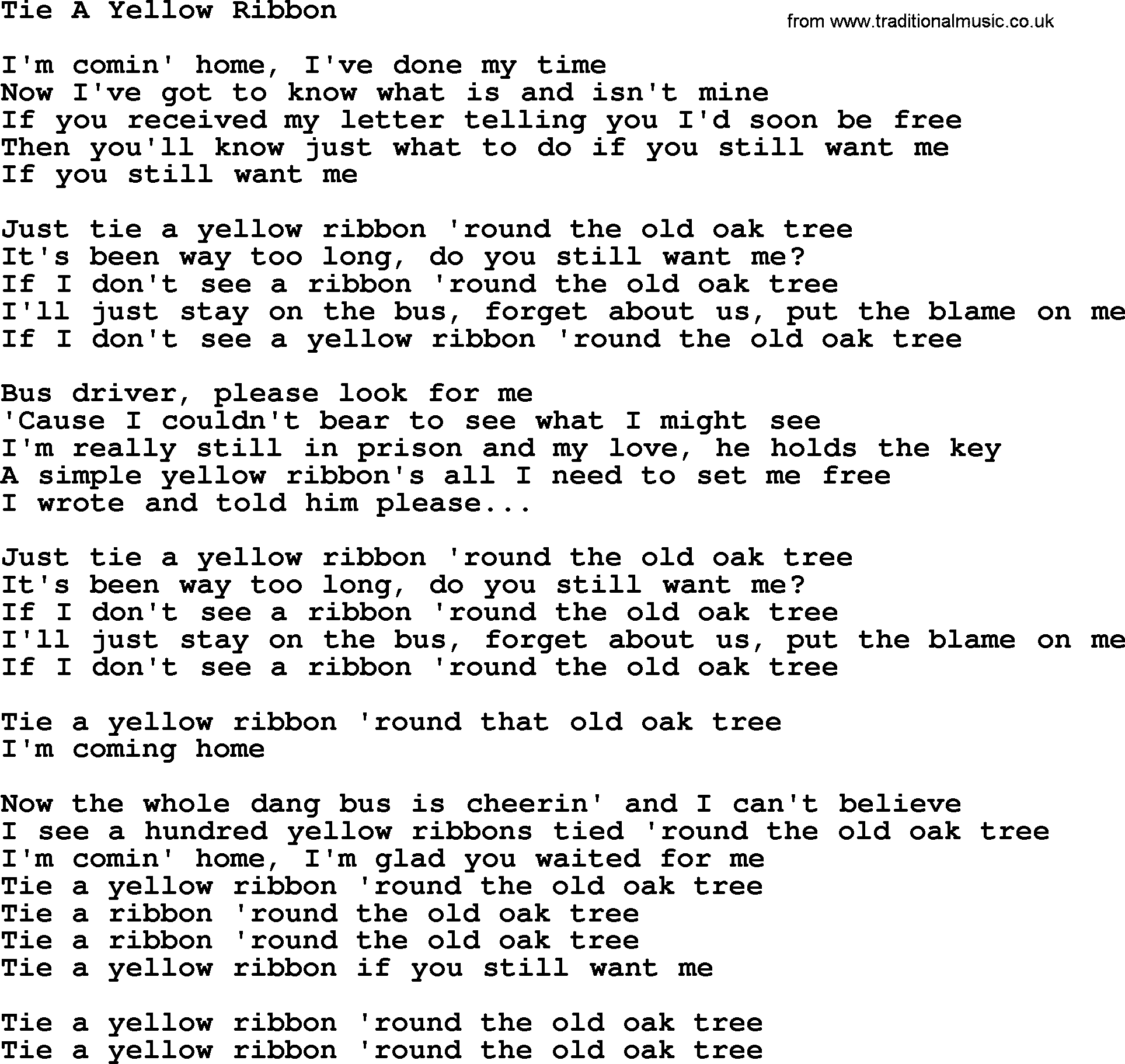 Dolly Parton song Tie A Yellow Ribbon.txt lyrics
