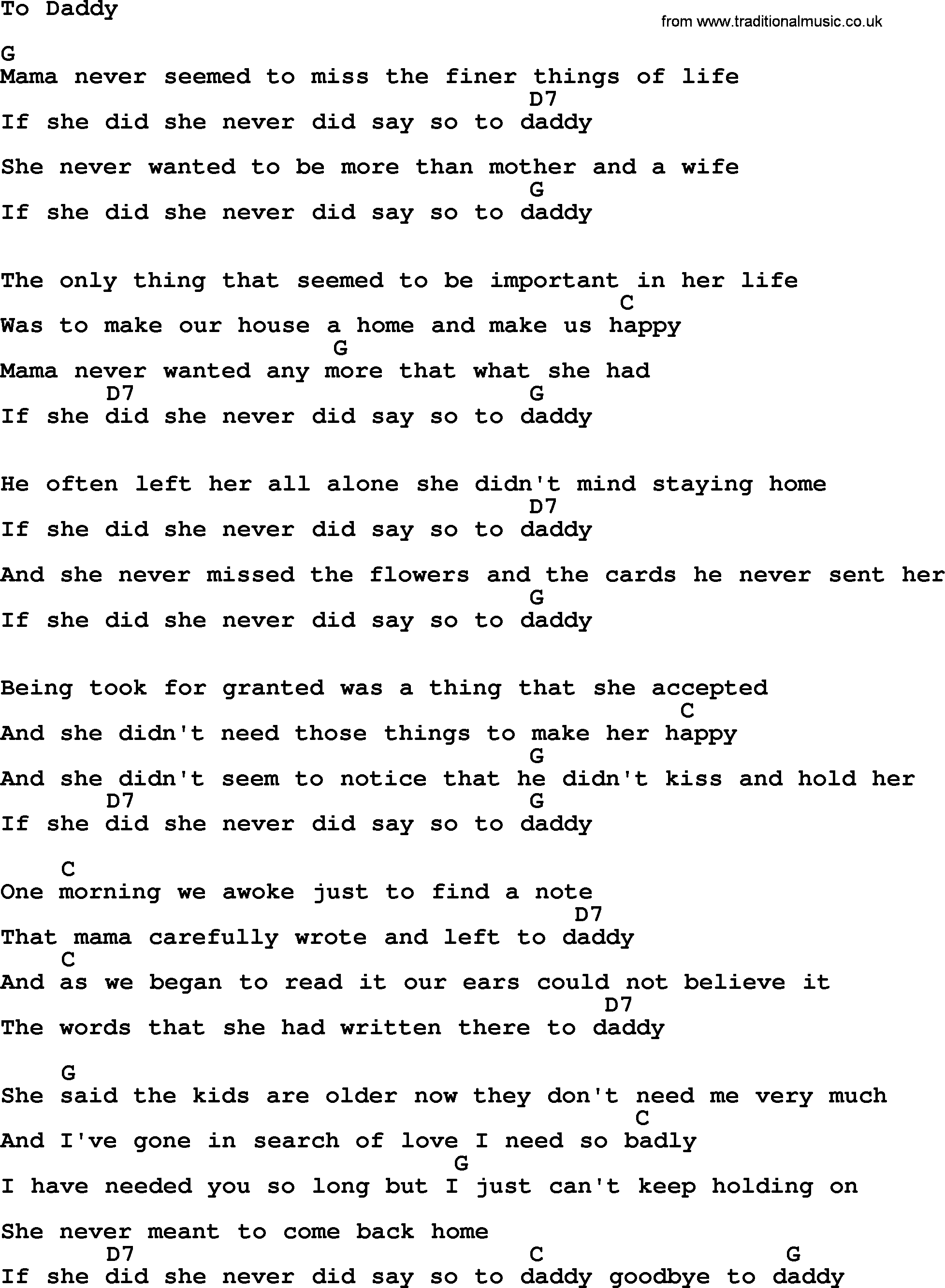 Dolly Parton song To Daddy, lyrics and chords