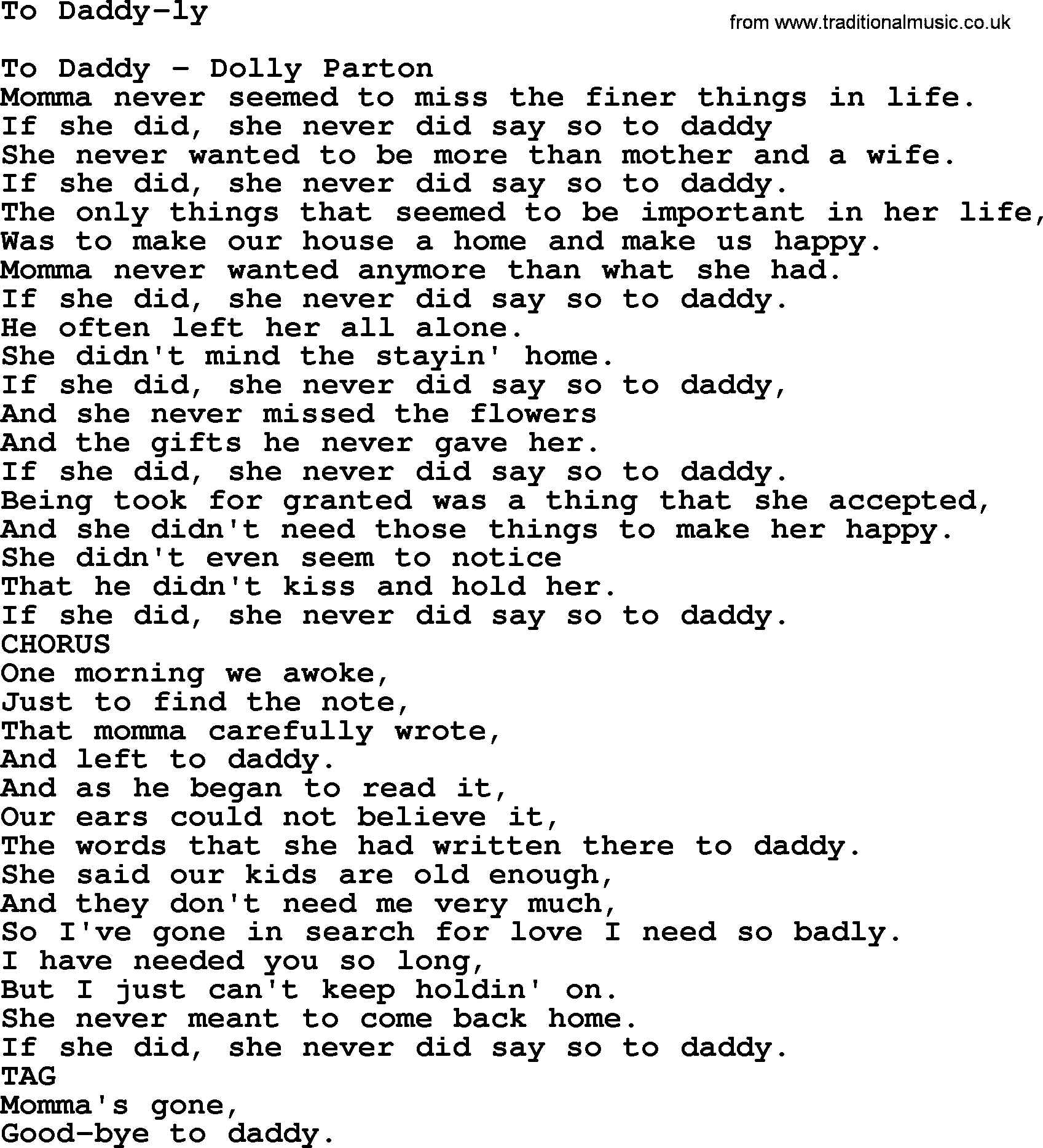 Dolly Parton song To Daddy-ly.txt lyrics