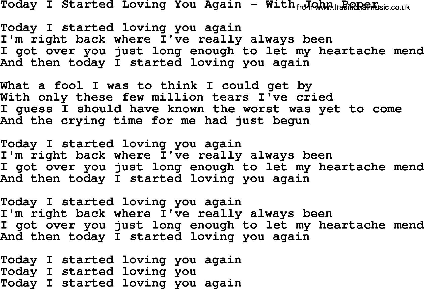 Dolly Parton song Today I Started Loving You Again - With John Poper.txt lyrics