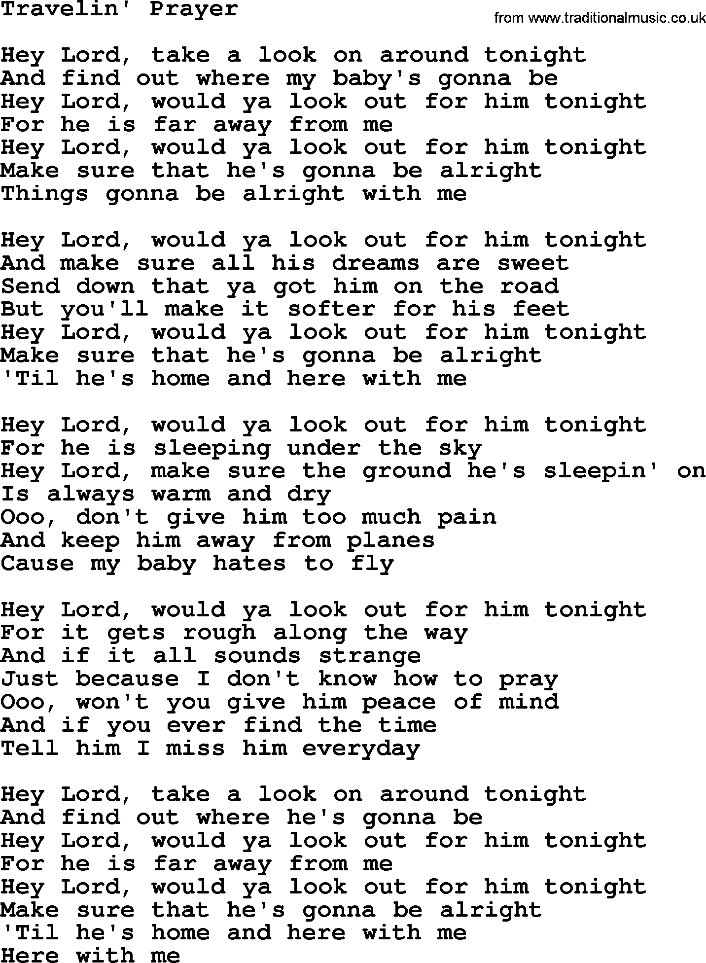 Dolly Parton song Travelin' Prayer.txt lyrics