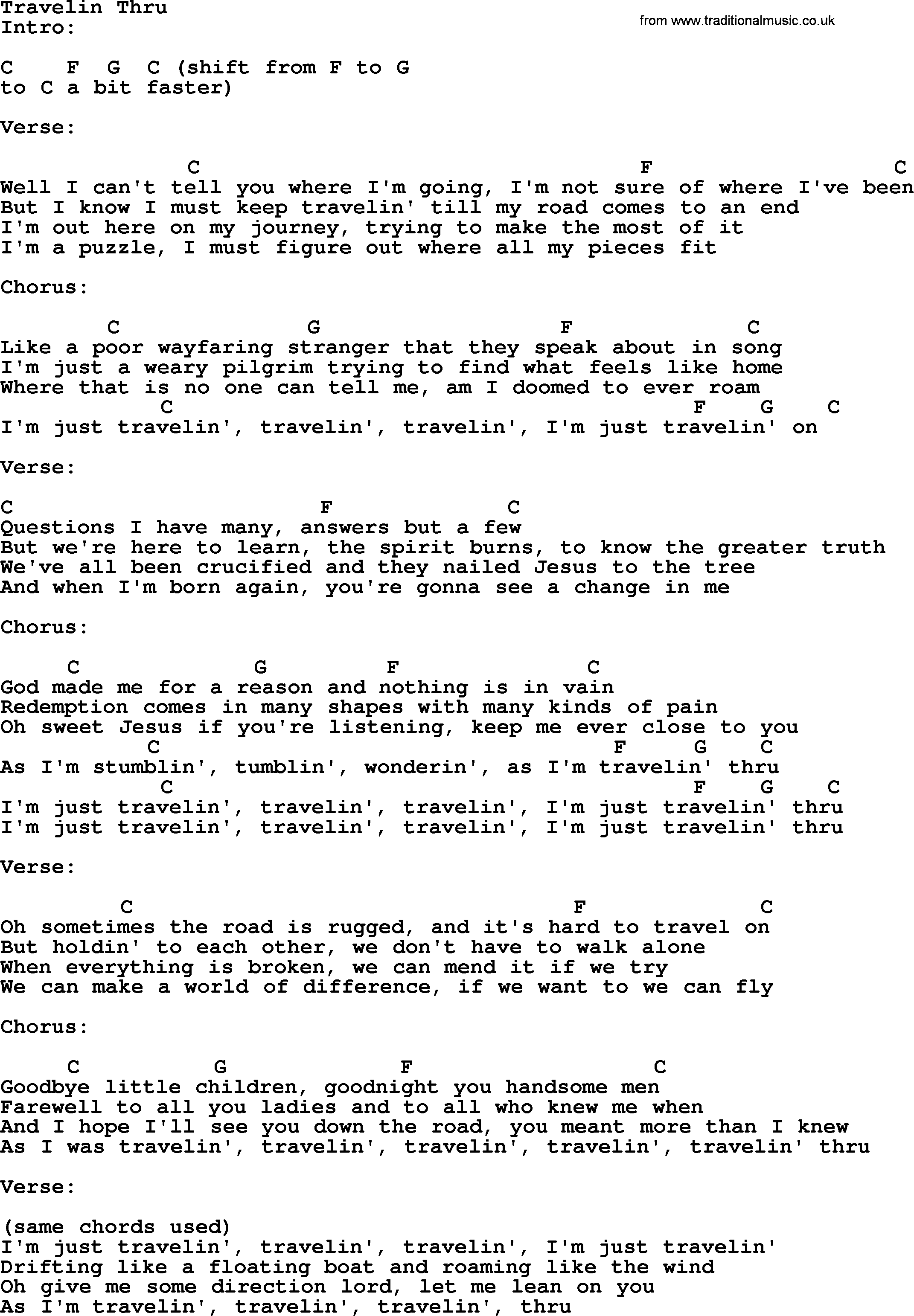 Dolly Parton song Travelin Thru, lyrics and chords