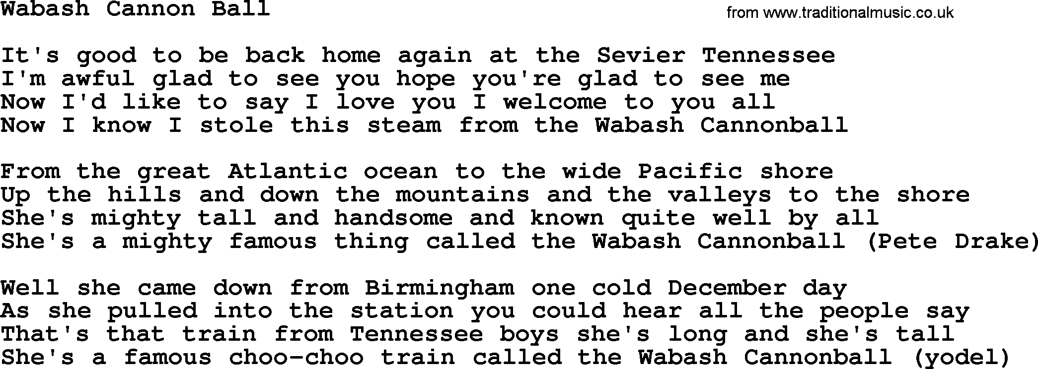 Dolly Parton song Wabash Cannon Ball.txt lyrics