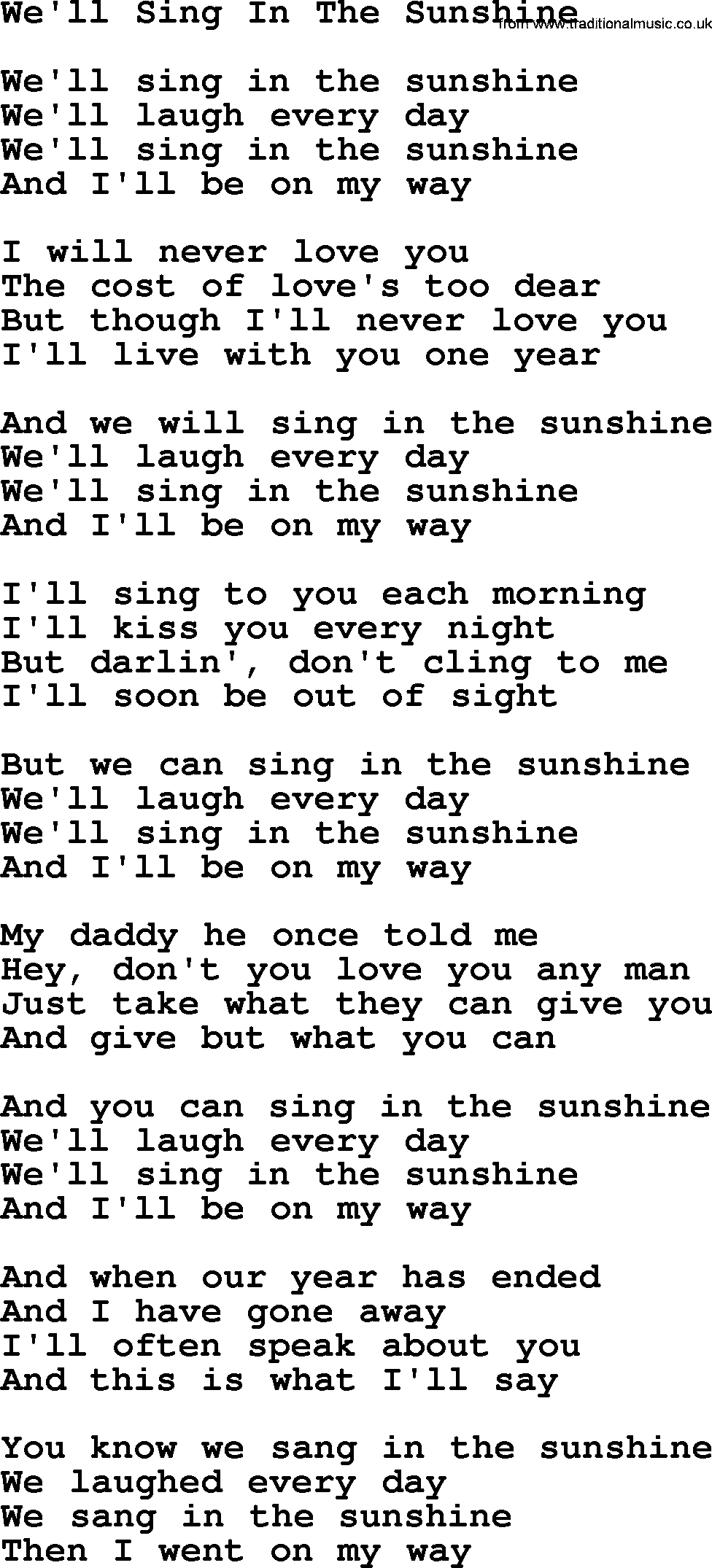 Dolly Parton song We'll Sing In The Sunshine.txt lyrics
