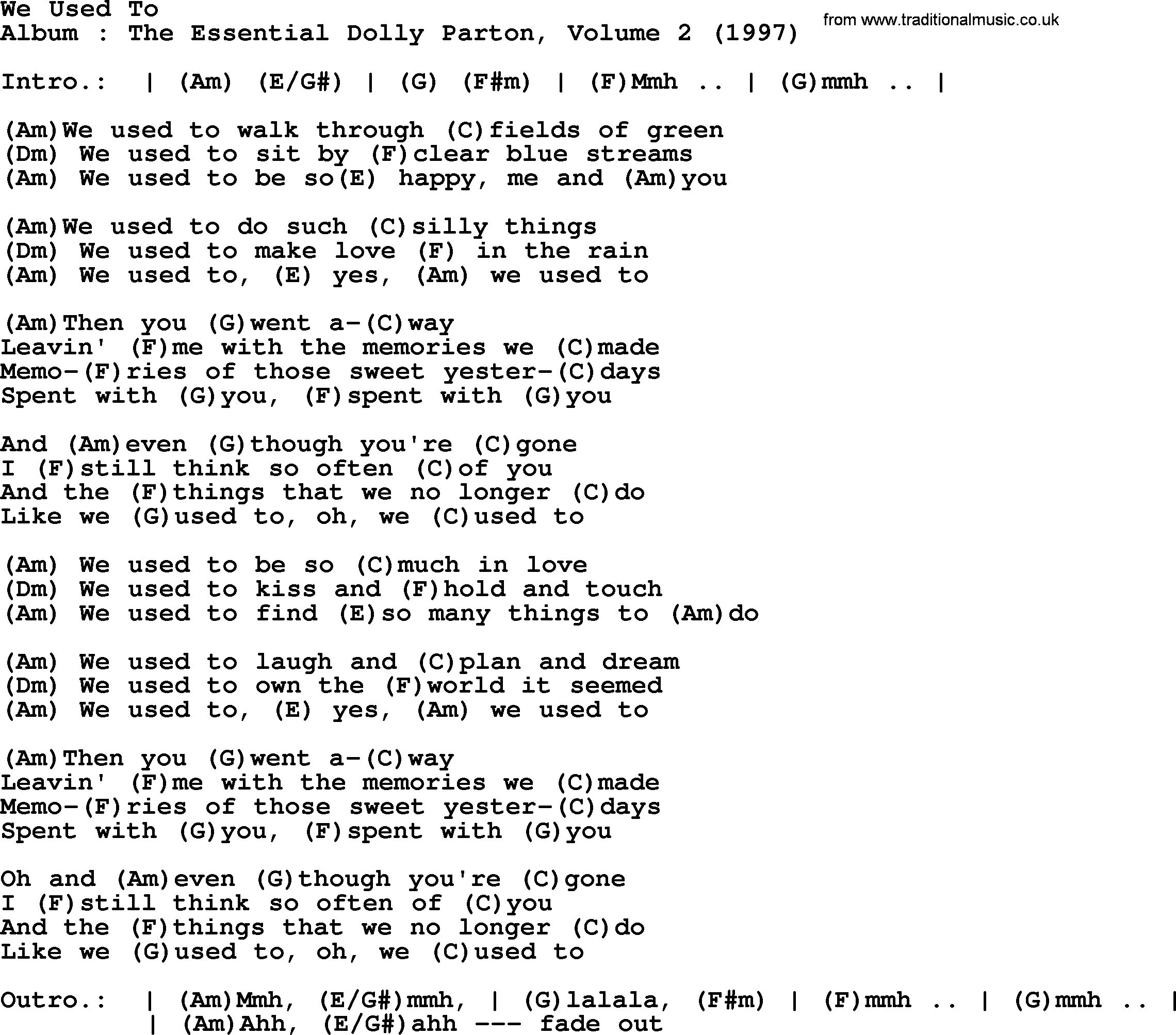 Dolly Parton song We Used To, lyrics and chords