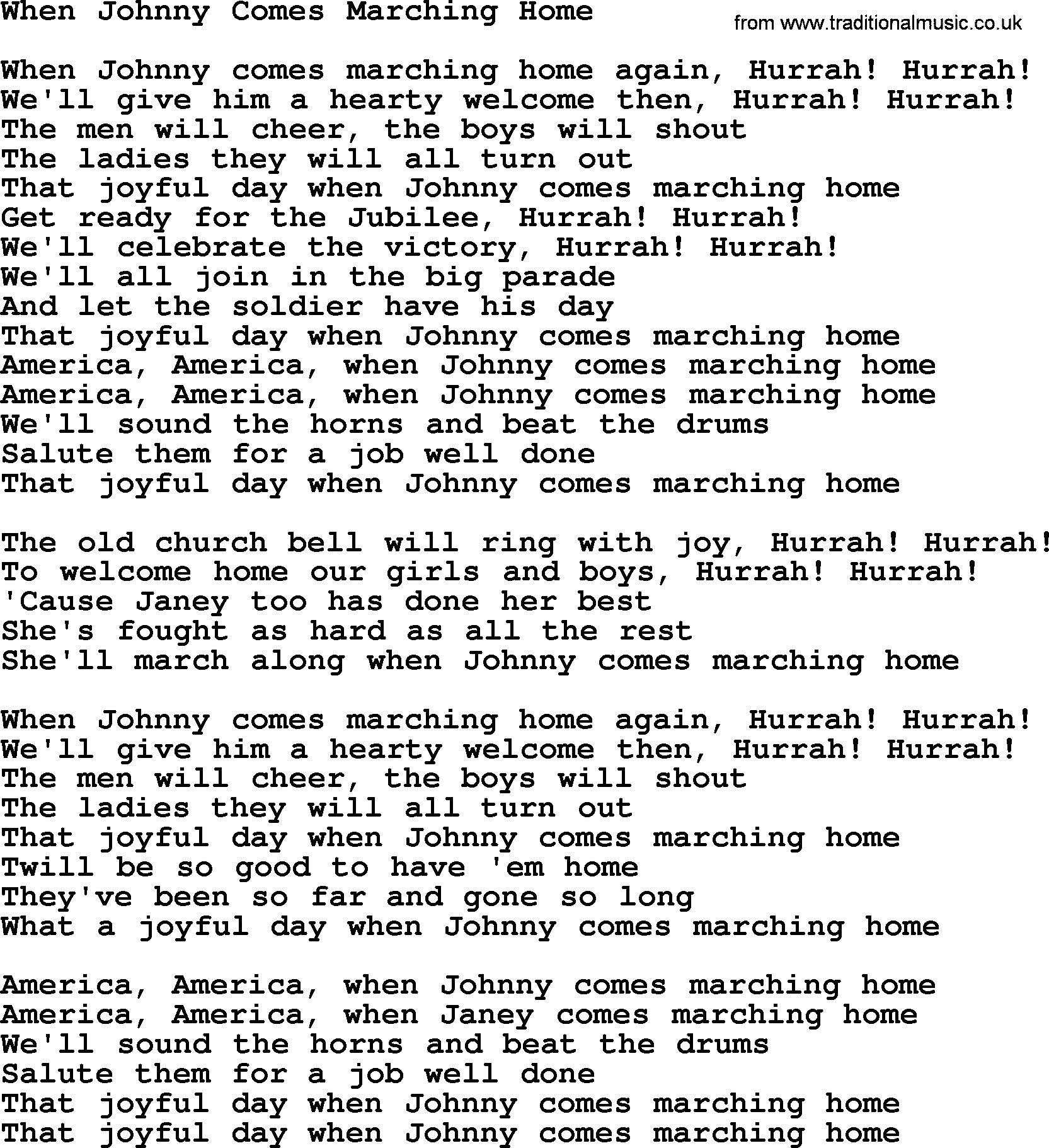 Dolly Parton song When Johnny Comes Marching Home.txt lyrics