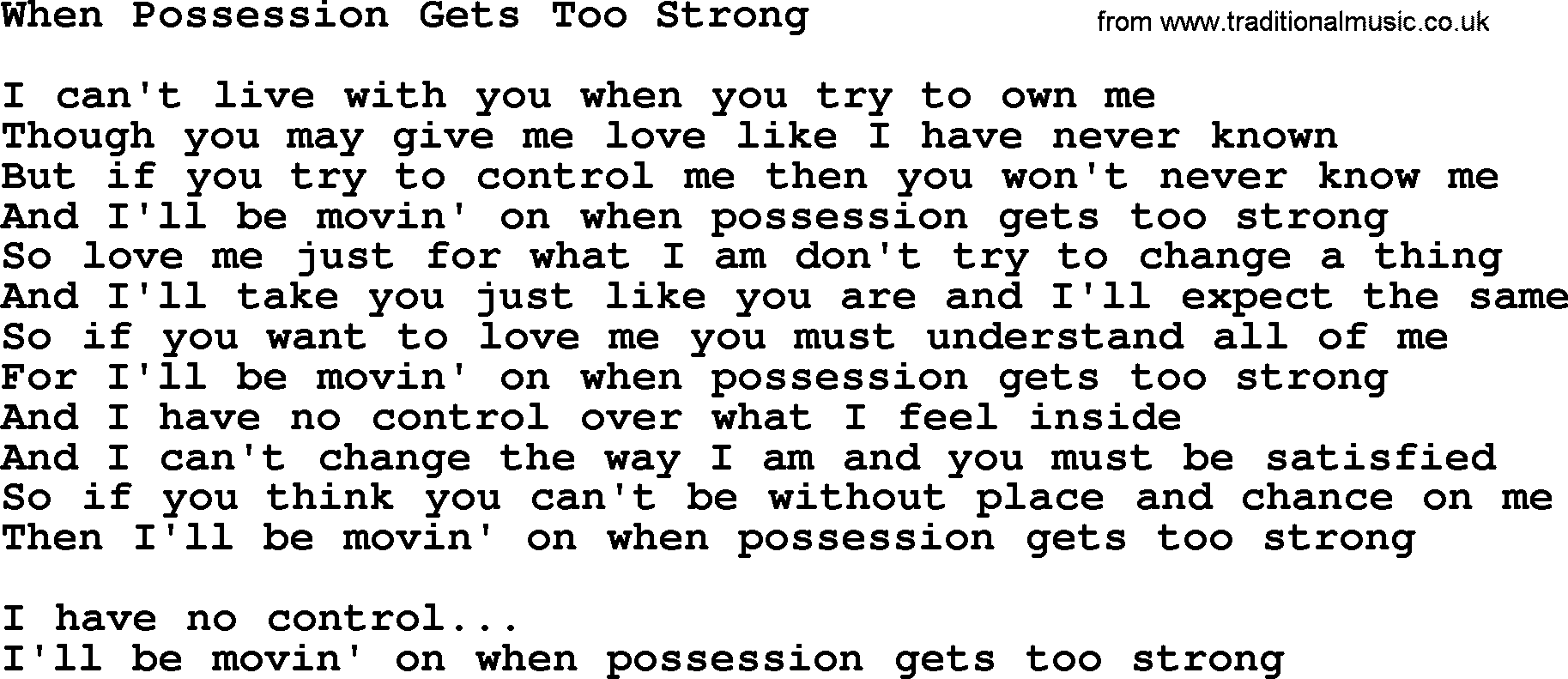 Dolly Parton song When Possession Gets Too Strong.txt lyrics