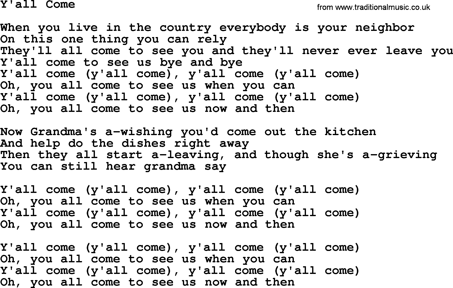 Dolly Parton song Y'all Come.txt lyrics