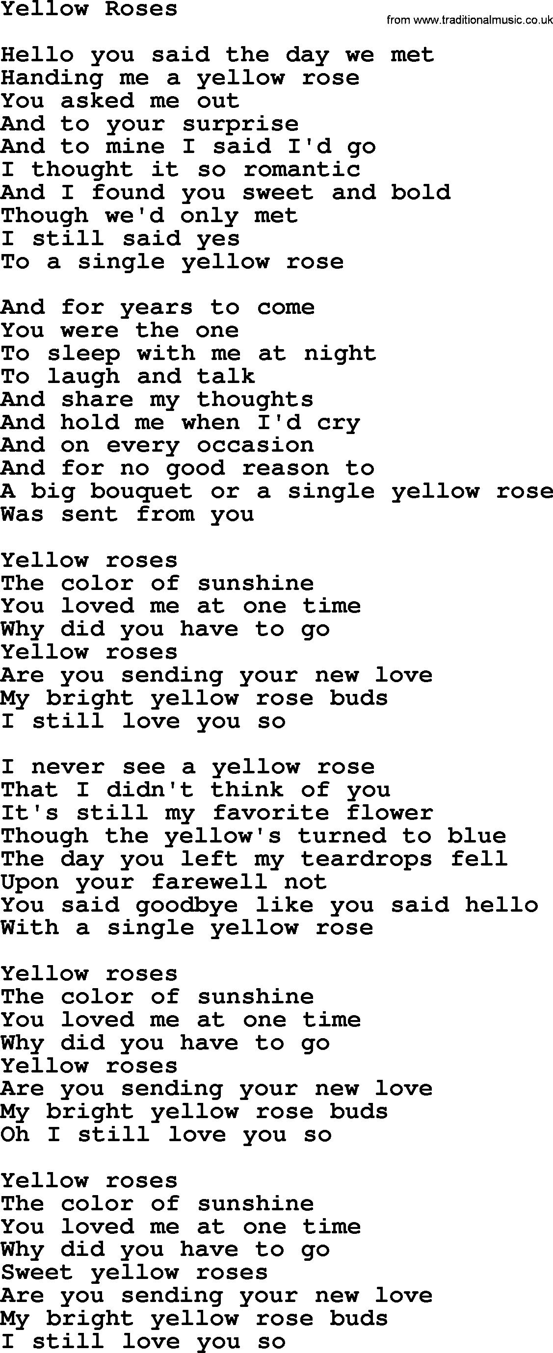 Dolly Parton song Yellow Roses.txt lyrics