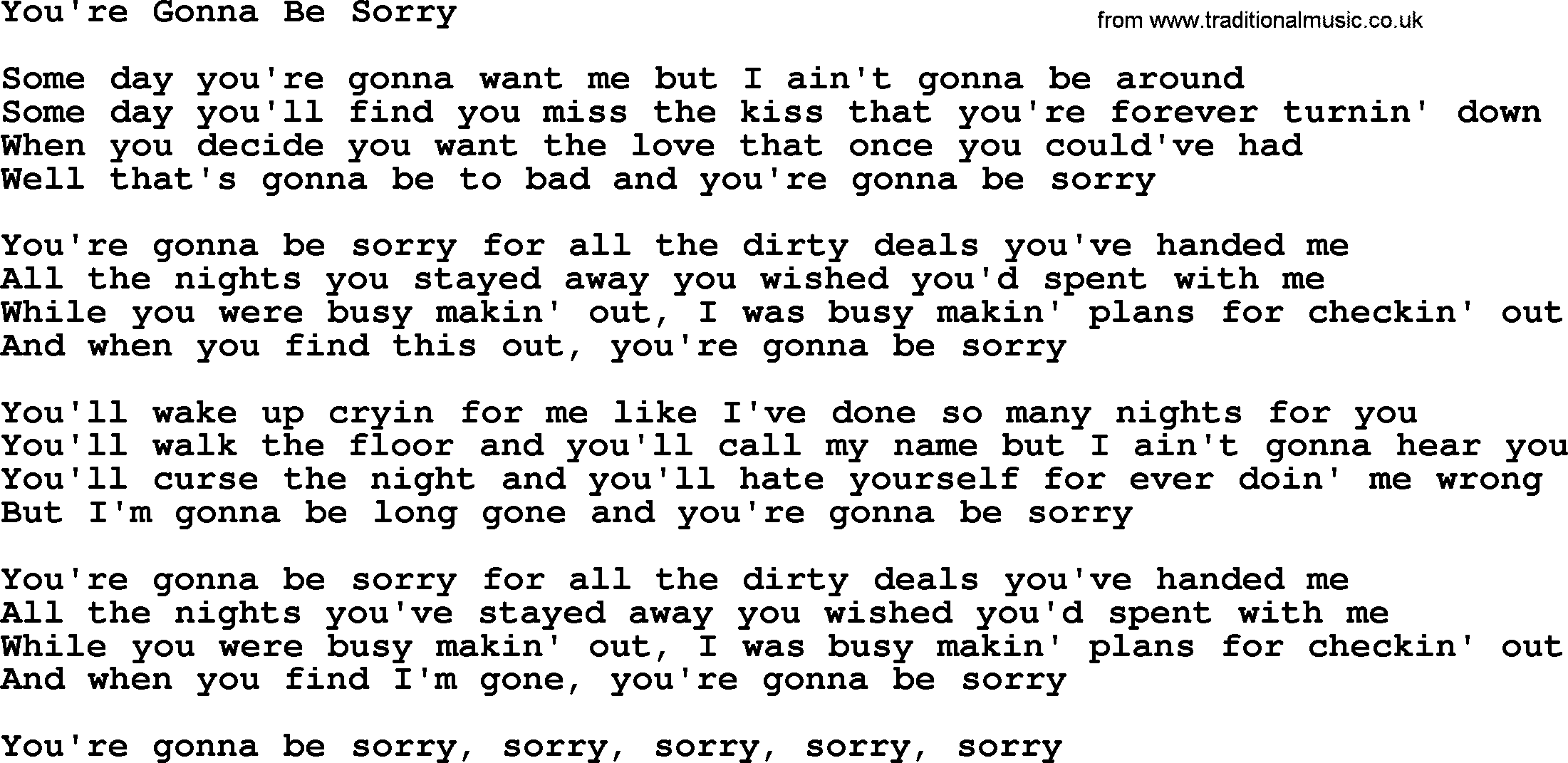 Dolly Parton song You're Gonna Be Sorry.txt lyrics