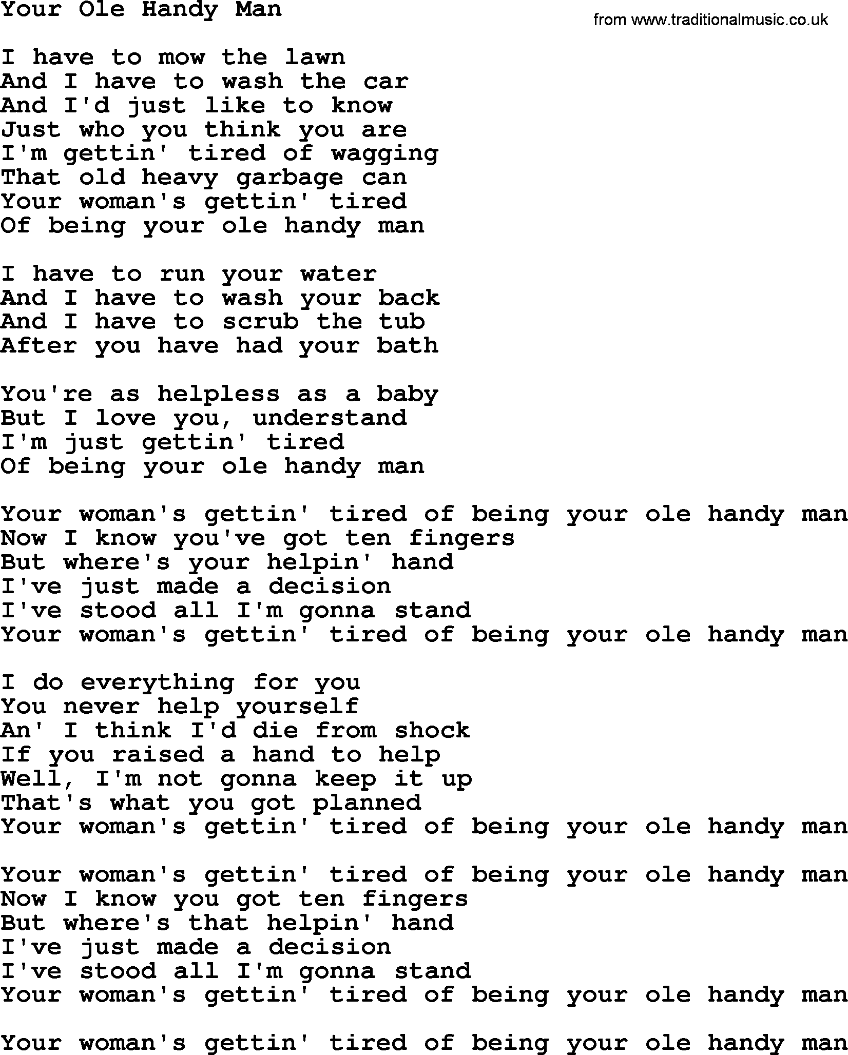 Dolly Parton song Your Ole Handy Man.txt lyrics