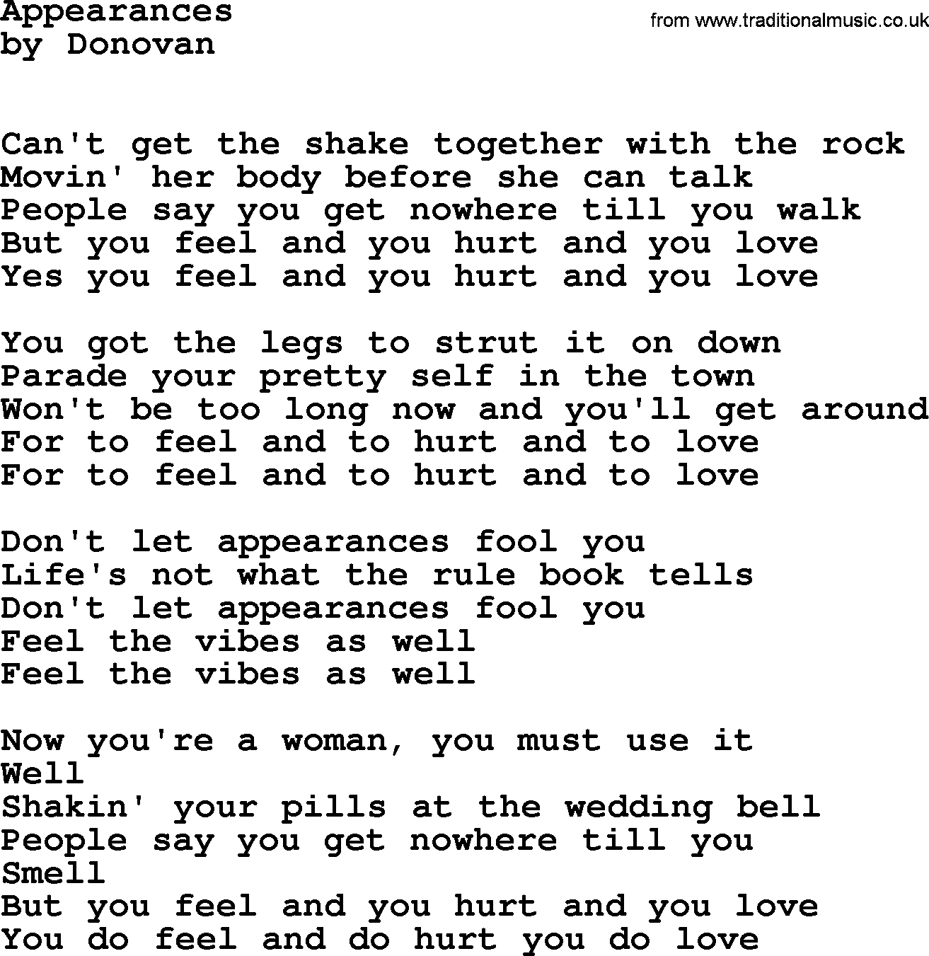 Donovan Leitch song: Appearances lyrics