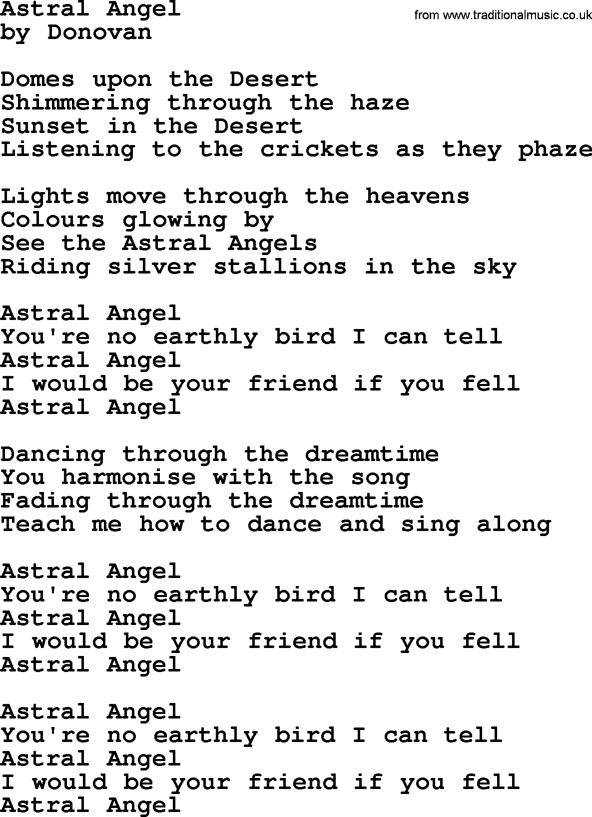 Donovan Leitch song: Astral Angel lyrics