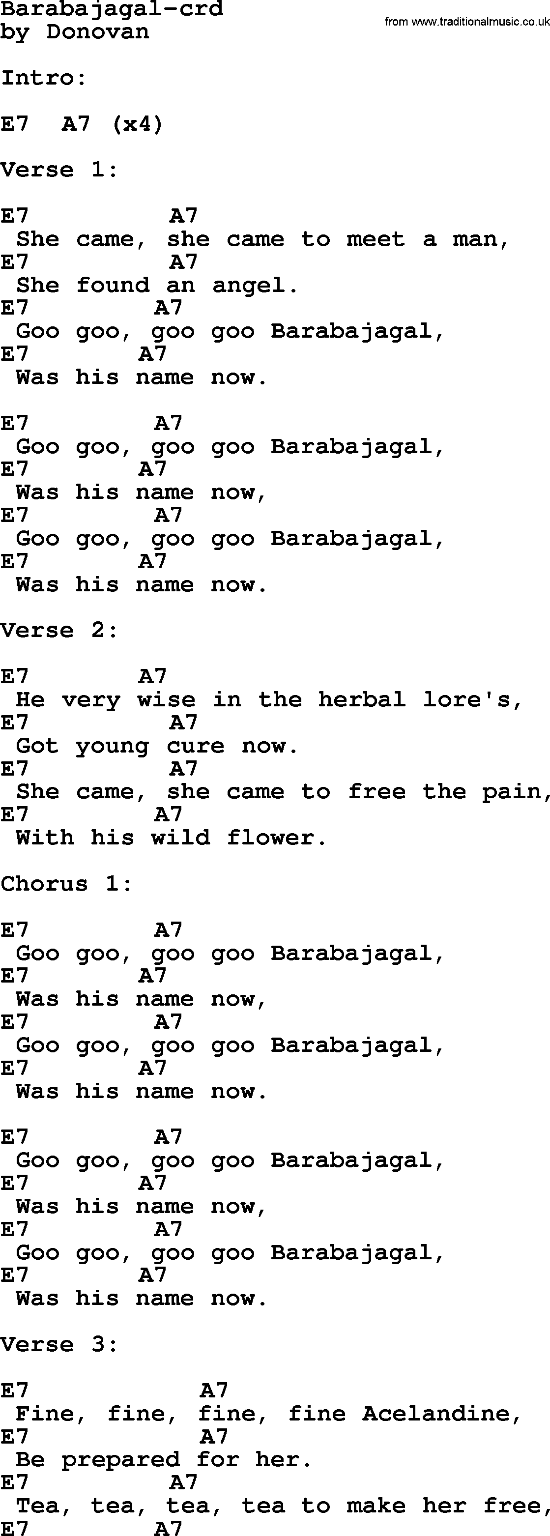 Donovan Leitch song: Barabajagal lyrics and chords