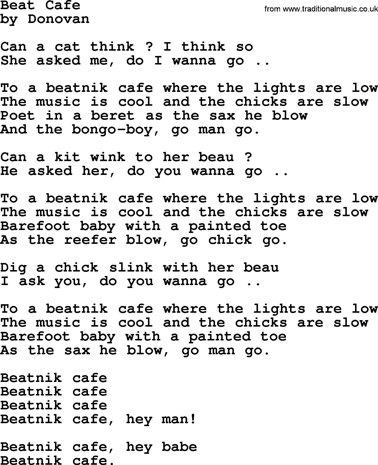 Donovan Leitch song: Beat Cafe lyrics