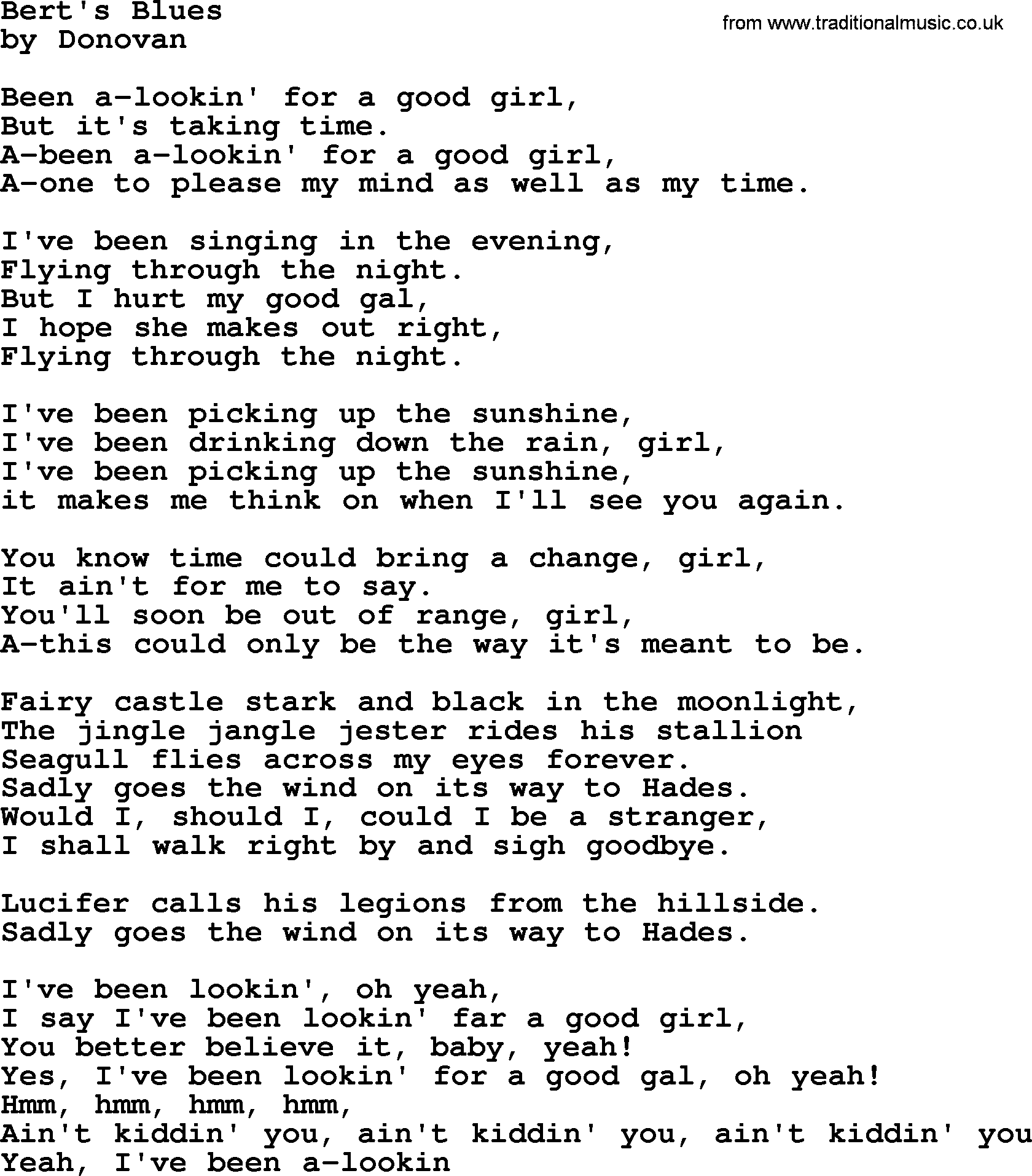Donovan Leitch song: Bert's Blues lyrics