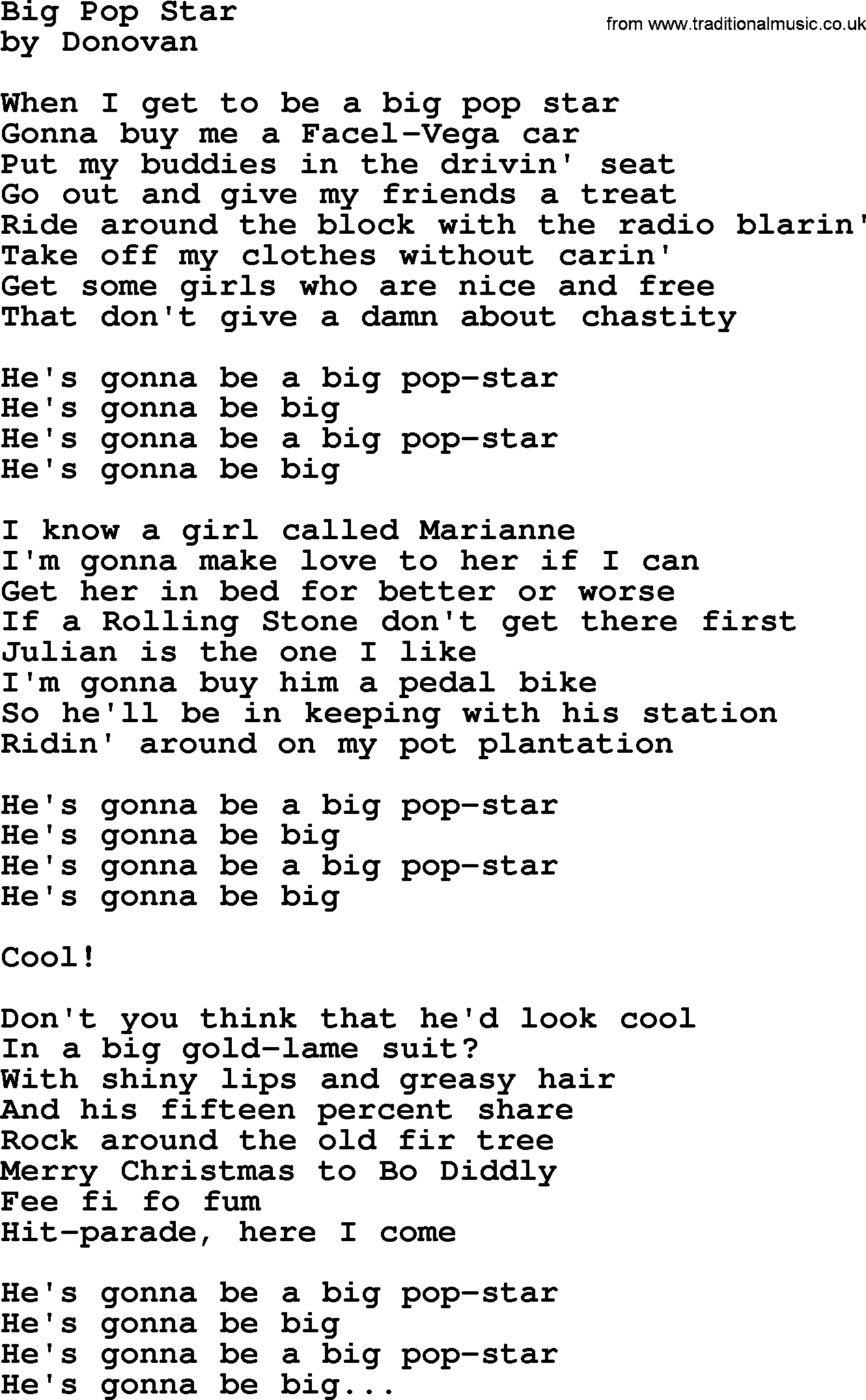Donovan Leitch song: Big Pop Star lyrics