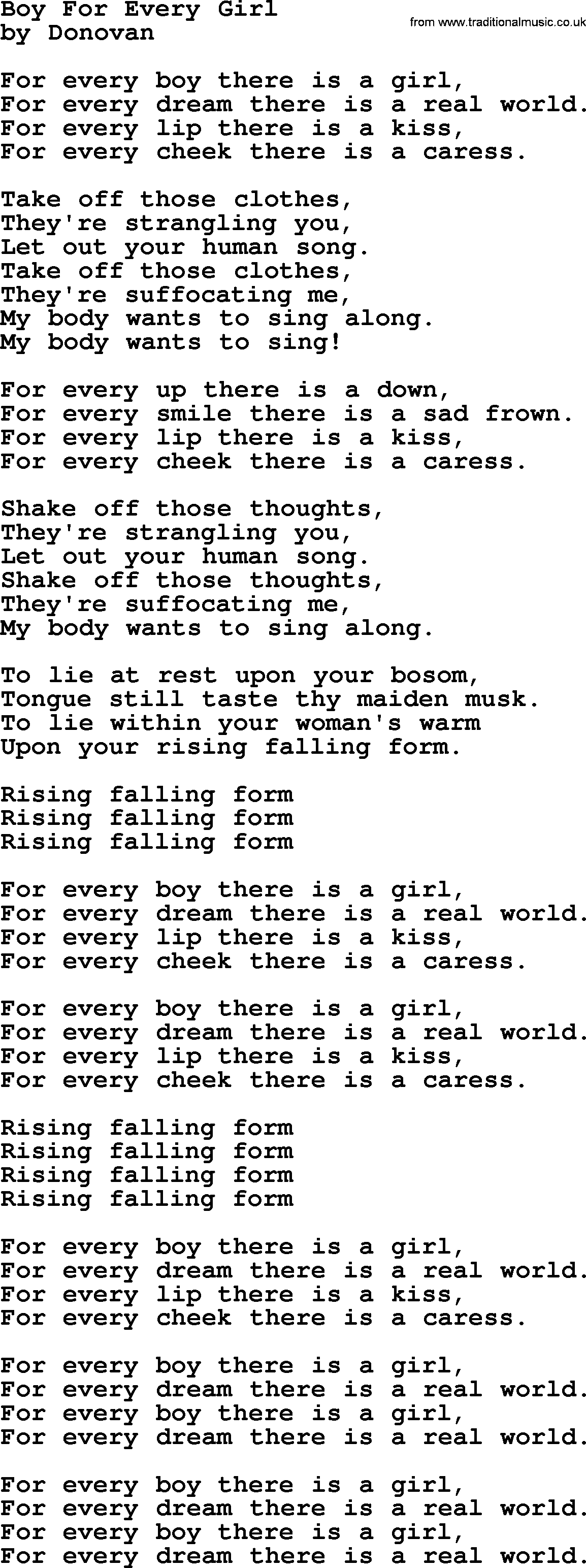 Donovan Leitch song: Boy For Every Girl lyrics