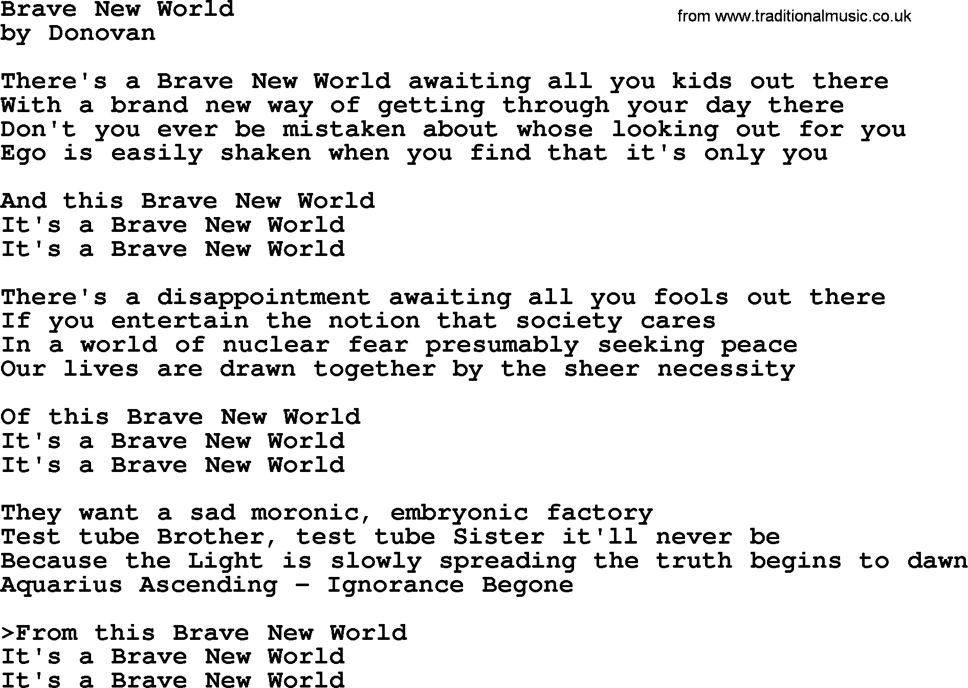 Donovan Leitch song: Brave New World lyrics