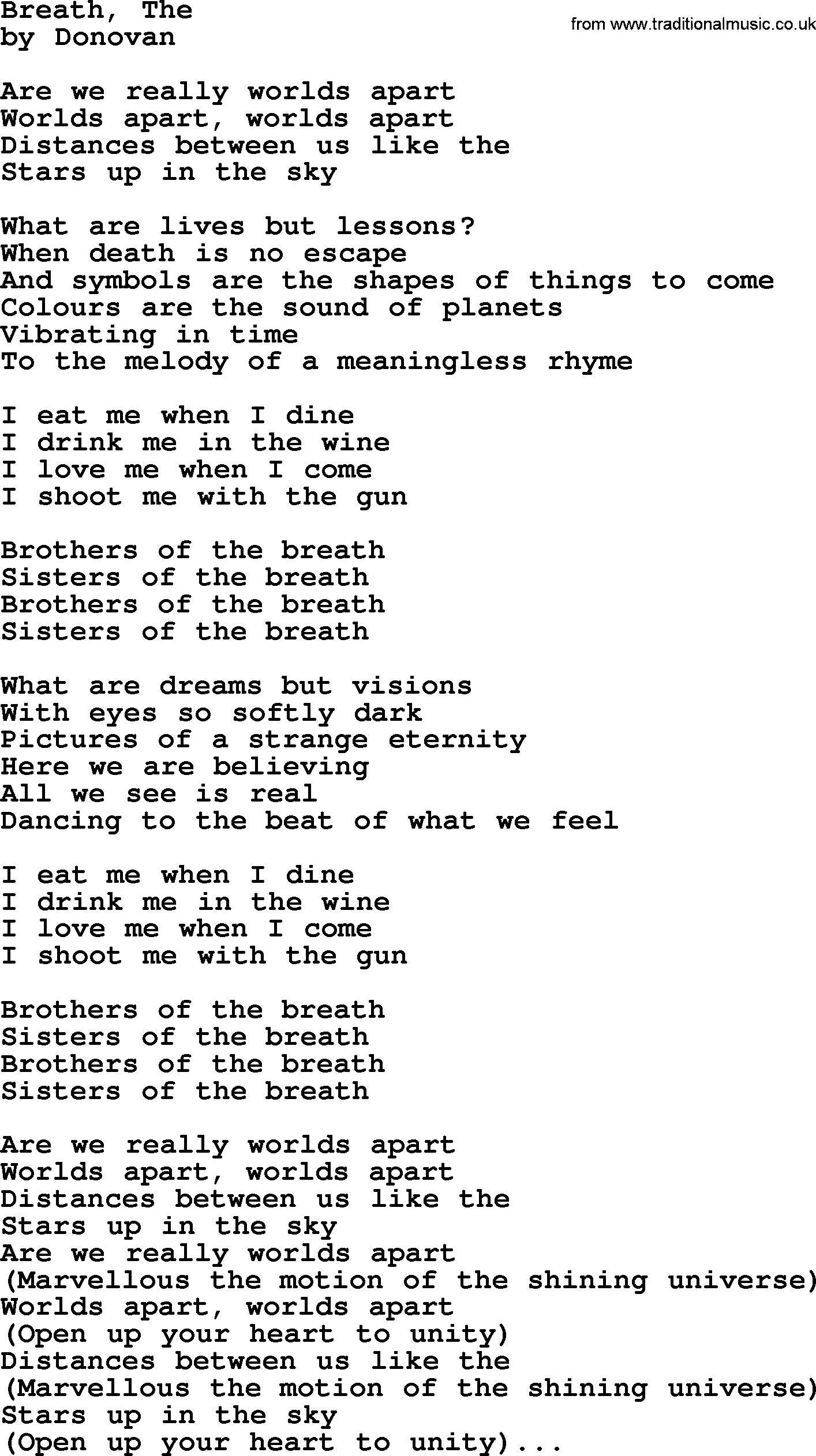 Donovan Leitch song: Breath, The lyrics