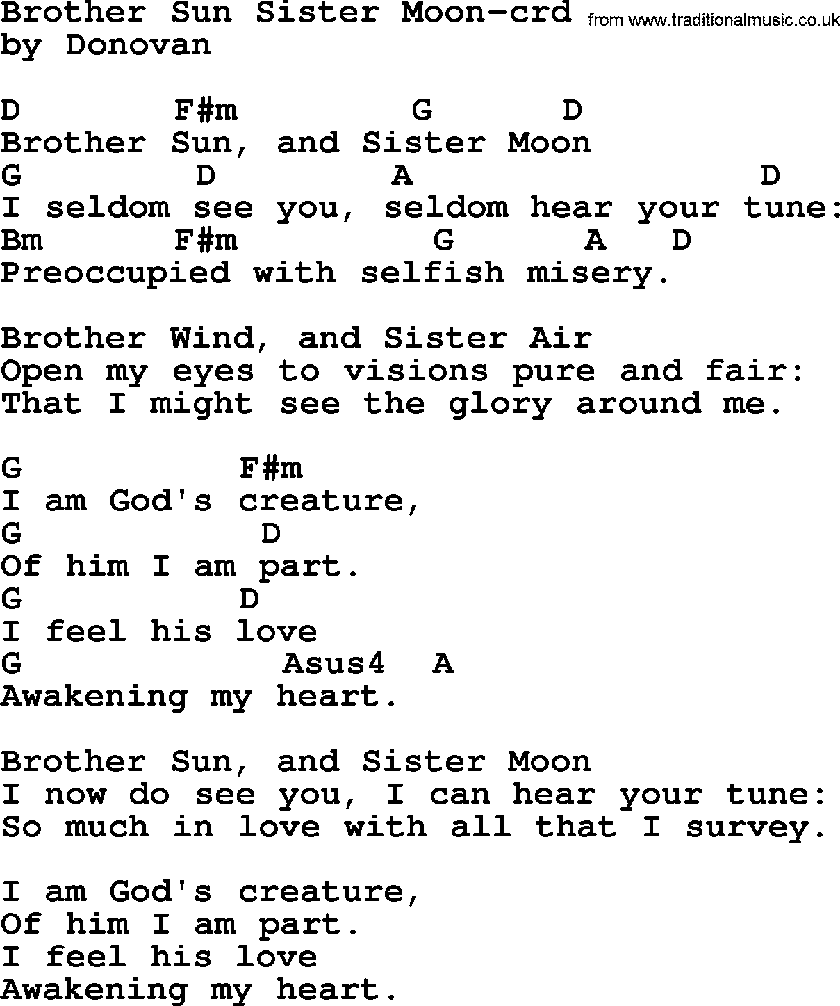 Donovan Leitch song: Brother Sun Sister Moon lyrics and chords