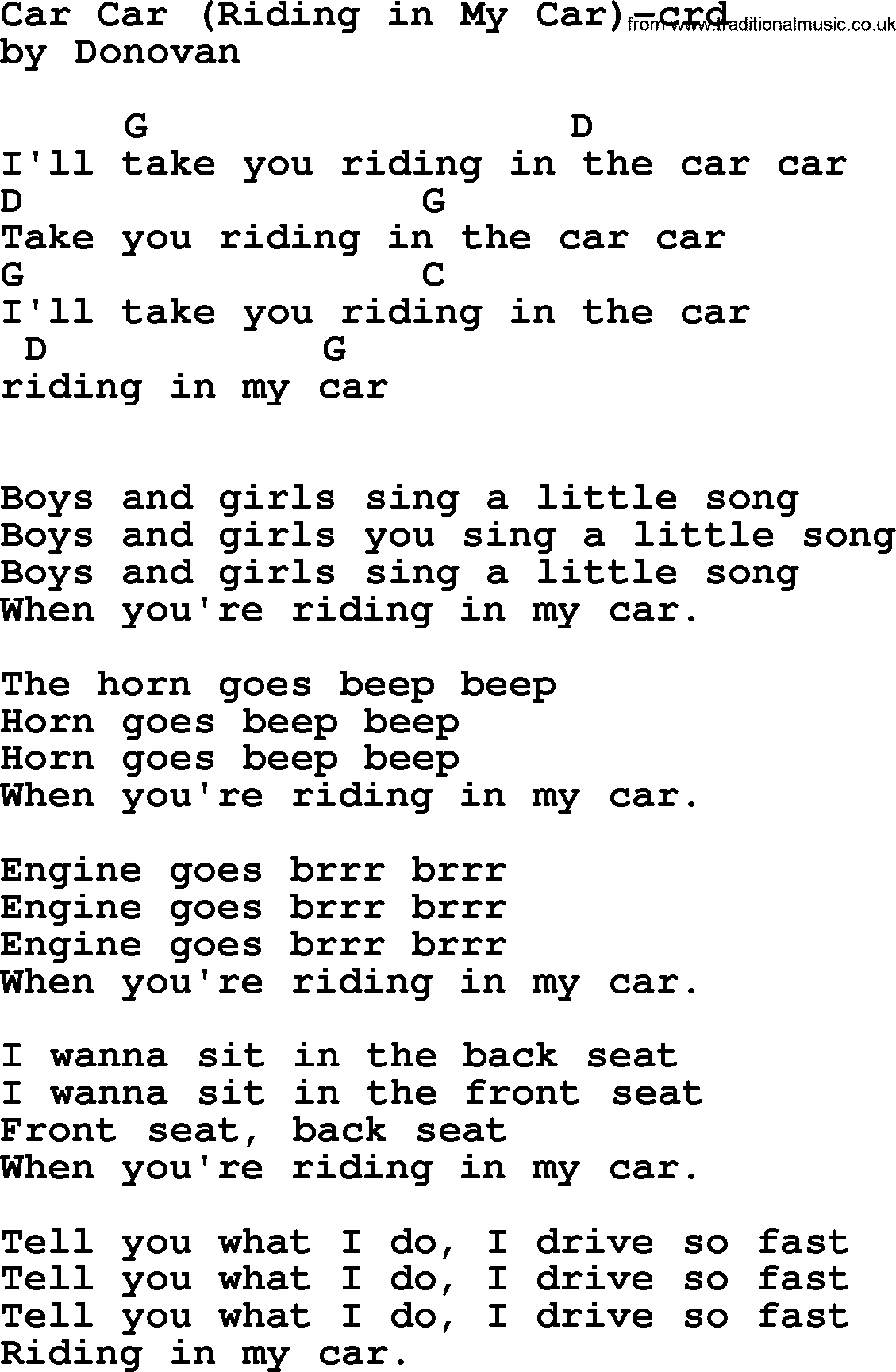 Donovan Leitch song: Car Car lyrics and chords