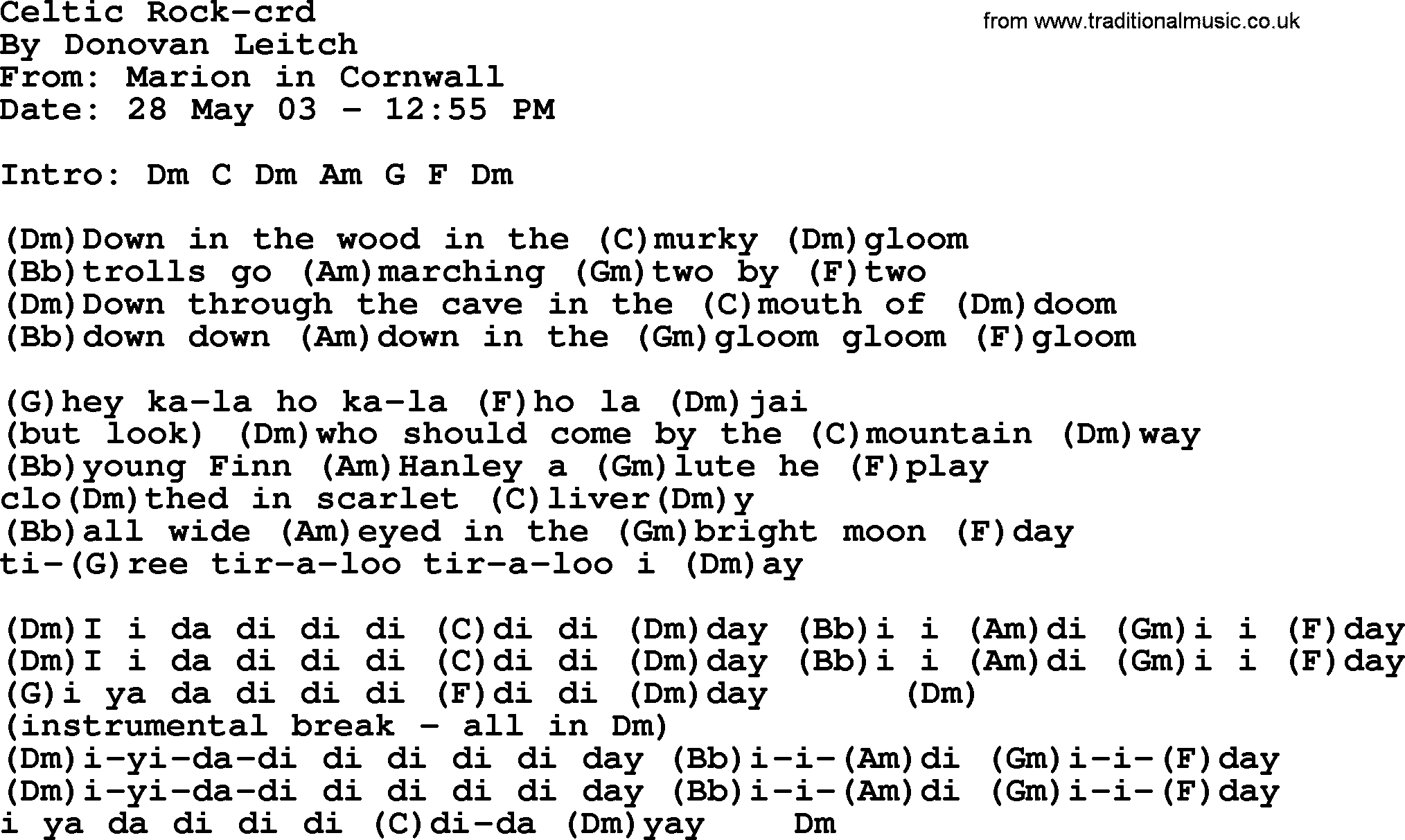 Donovan Leitch song: Celtic Rock lyrics and chords