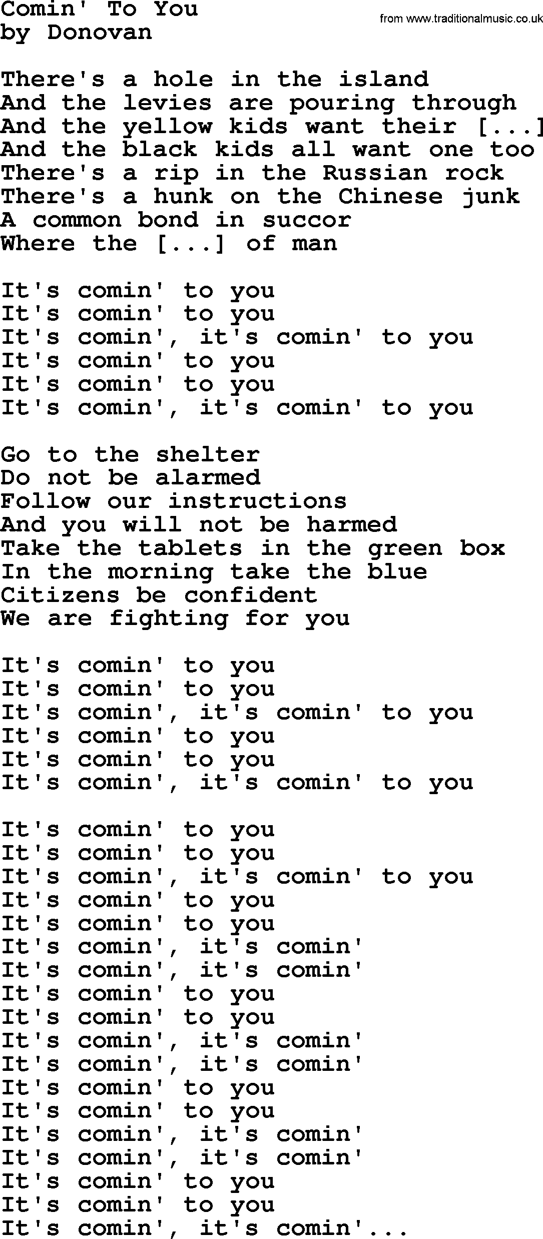 Donovan Leitch song: Comin' To You lyrics