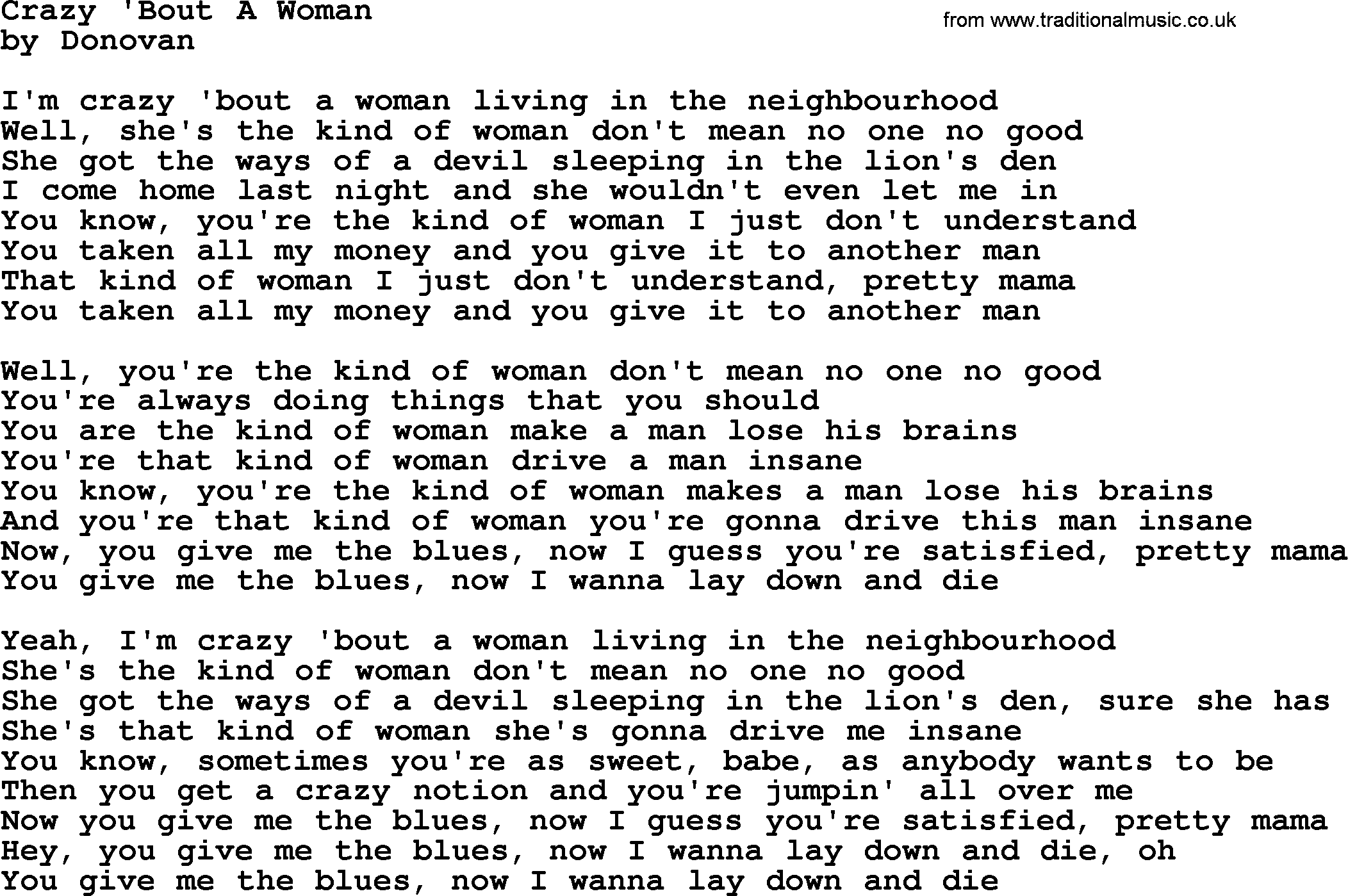 Donovan Leitch song: Crazy 'bout A Woman lyrics