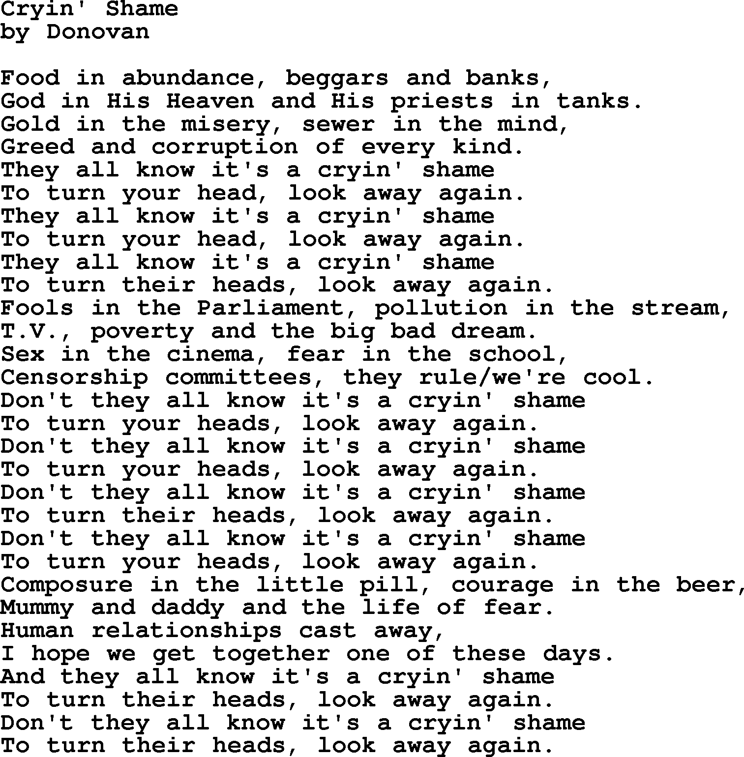 Donovan Leitch song: Cryin' Shame lyrics
