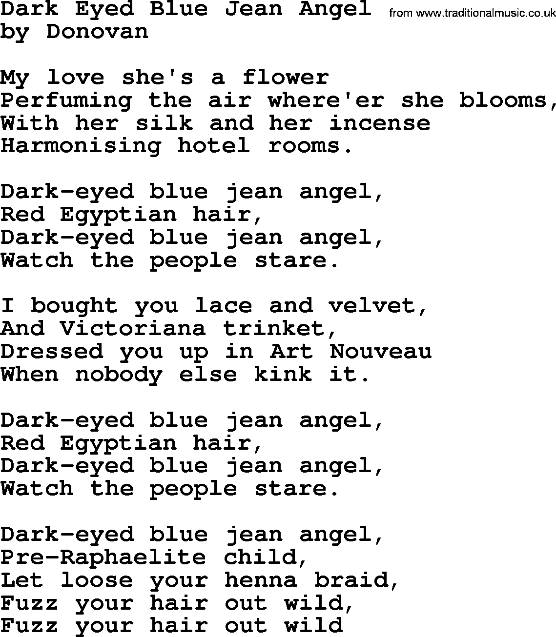 Donovan Leitch song: Dark Eyed Blue Jean Angel lyrics