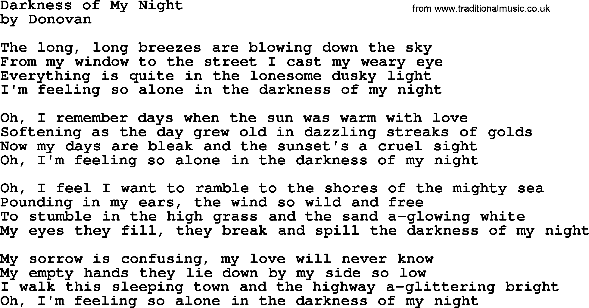 Donovan Leitch song: Darkness Of My Night lyrics