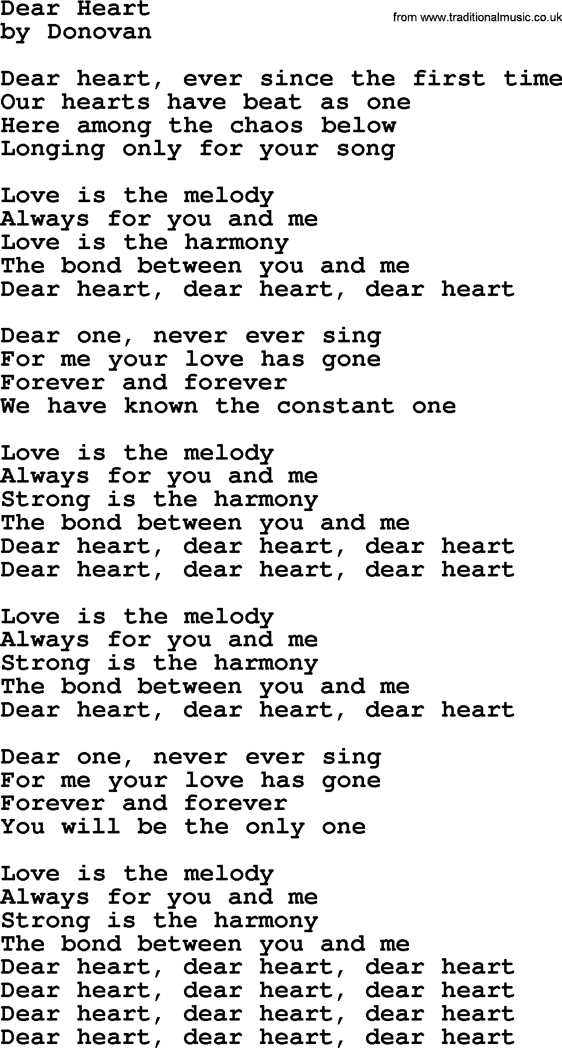 Donovan Leitch song: Dear Heart lyrics