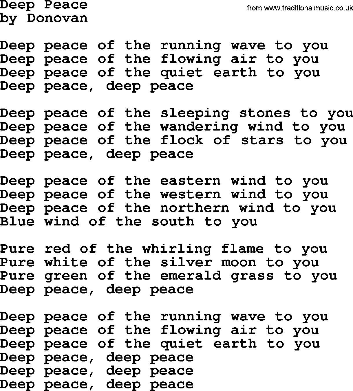 Donovan Leitch song: Deep Peace lyrics