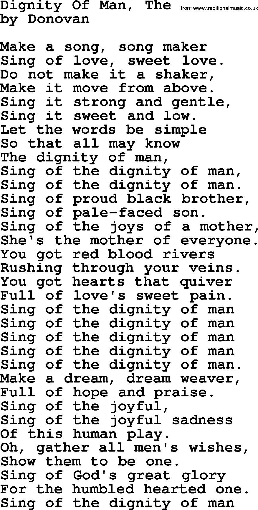 Donovan Leitch song: Dignity Of Man, The lyrics
