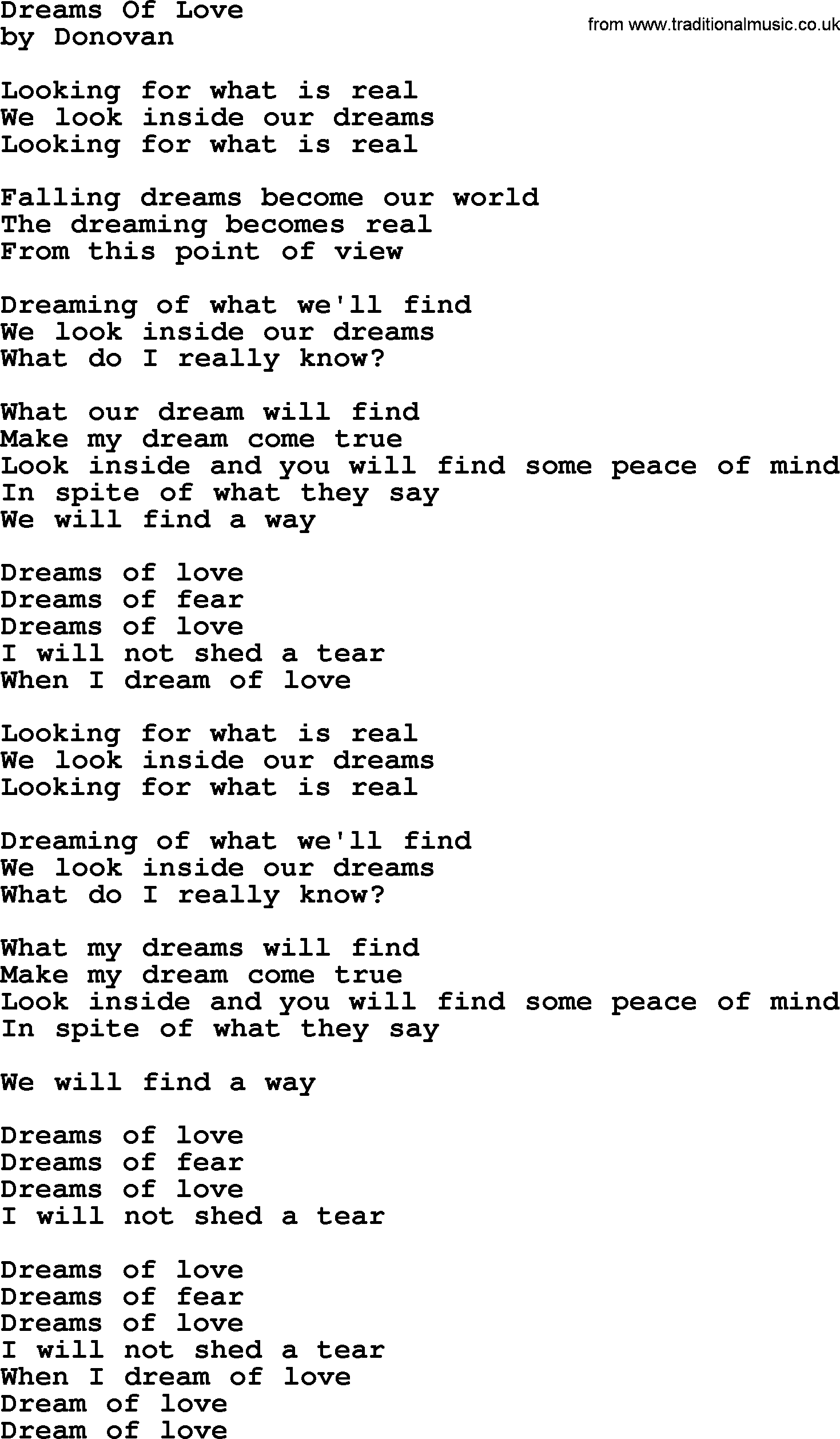 Donovan Leitch song: Dreams Of Love lyrics