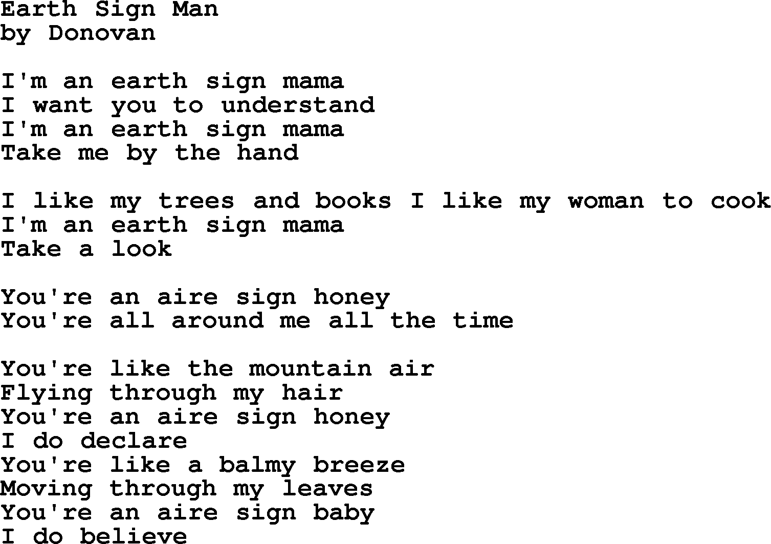 Donovan Leitch song: Earth Sign Man lyrics