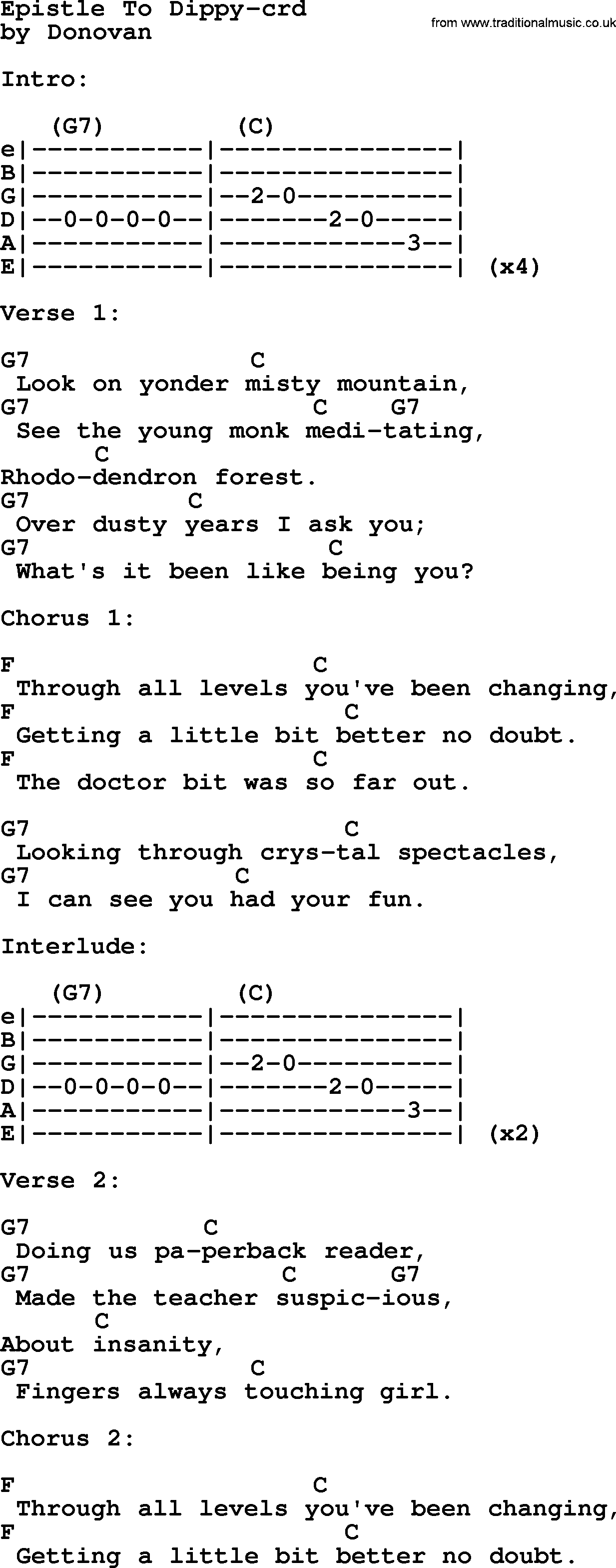 Donovan Leitch song: Epistle To Dippy lyrics and chords