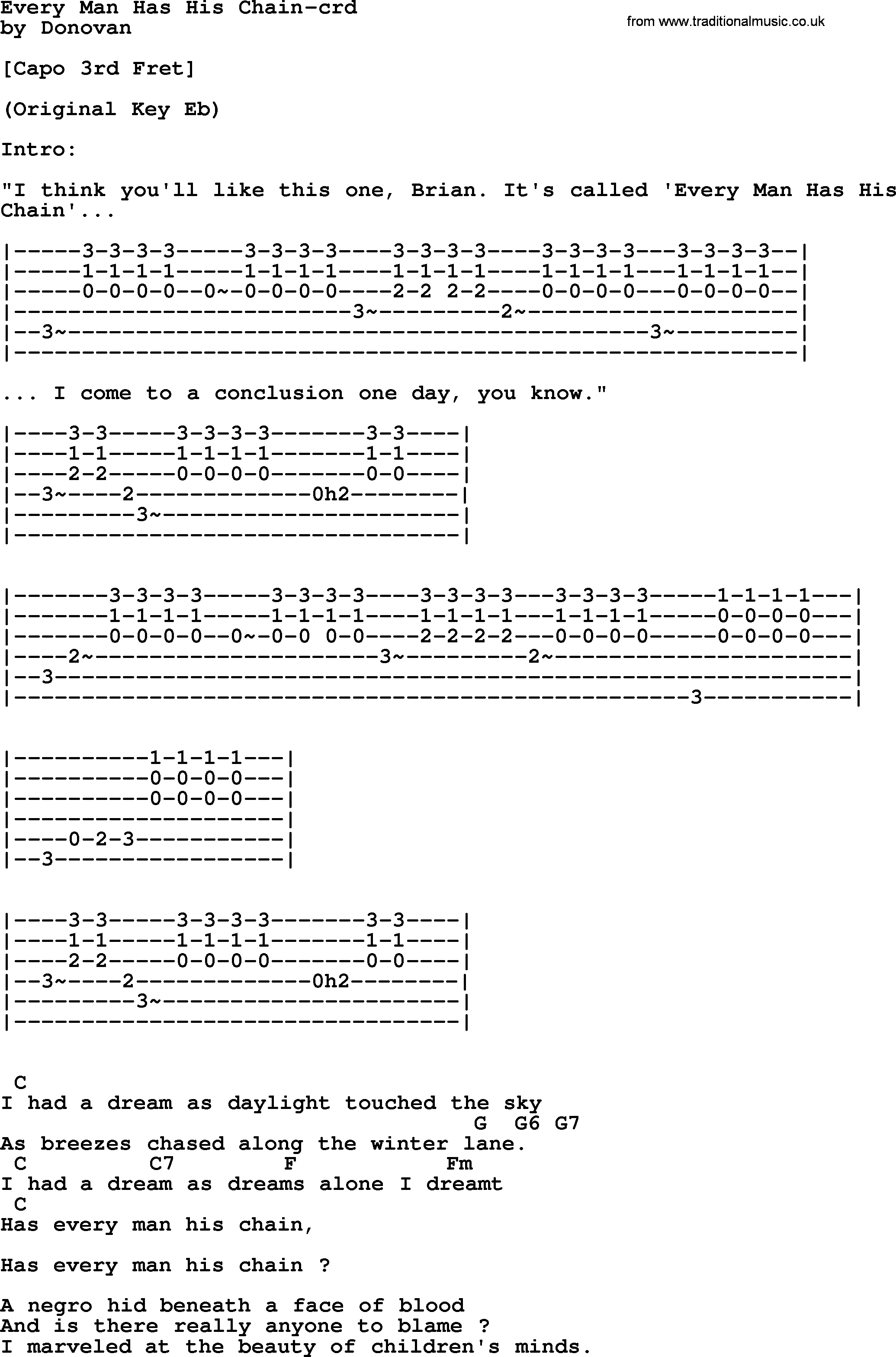 Donovan Leitch song: Every Man Has His Chain lyrics and chords