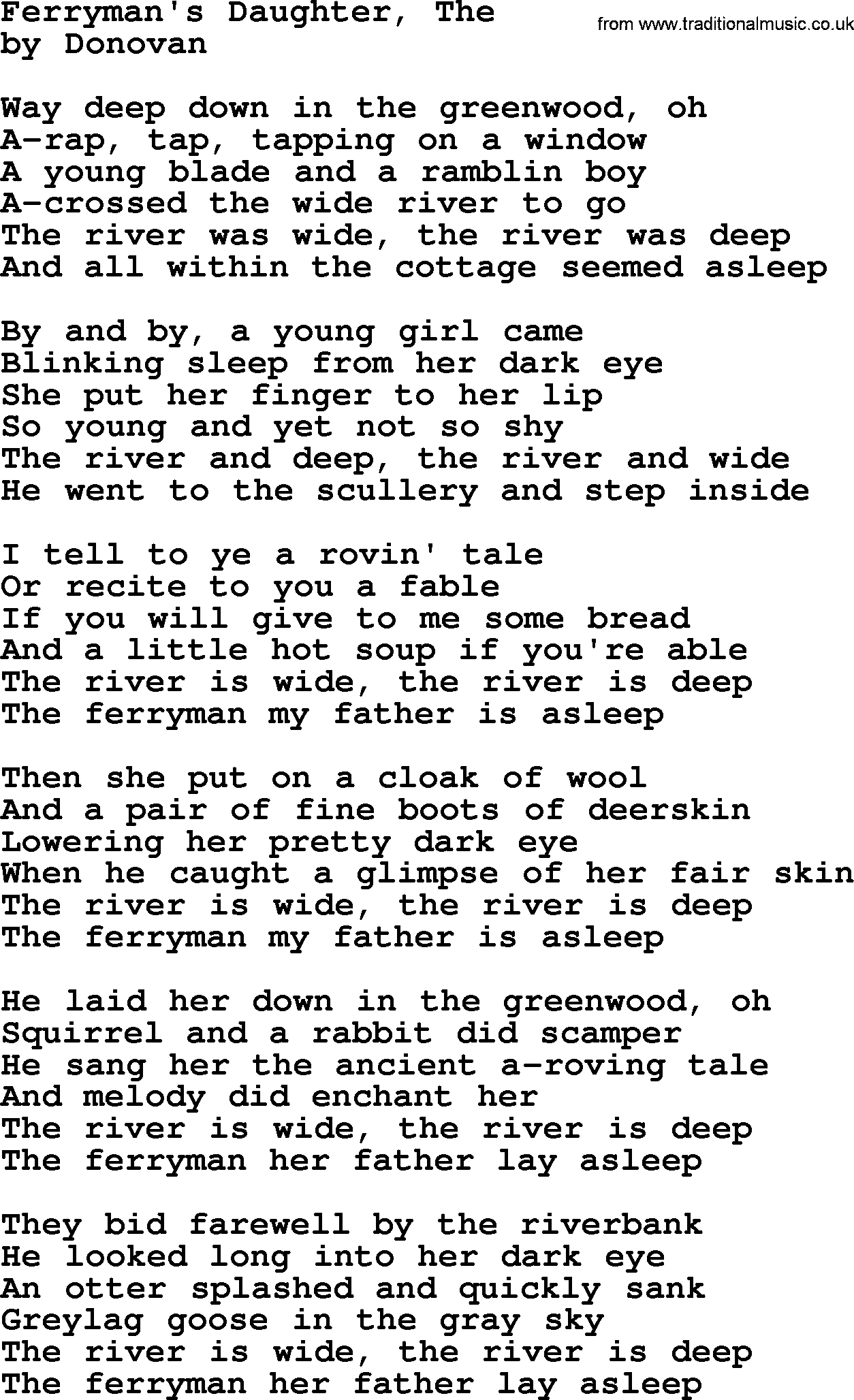 Donovan Leitch song: Ferryman's Daughter, The lyrics