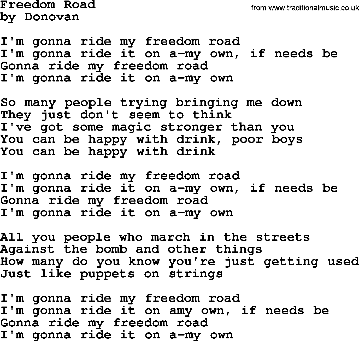 Donovan Leitch song: Freedom Road lyrics