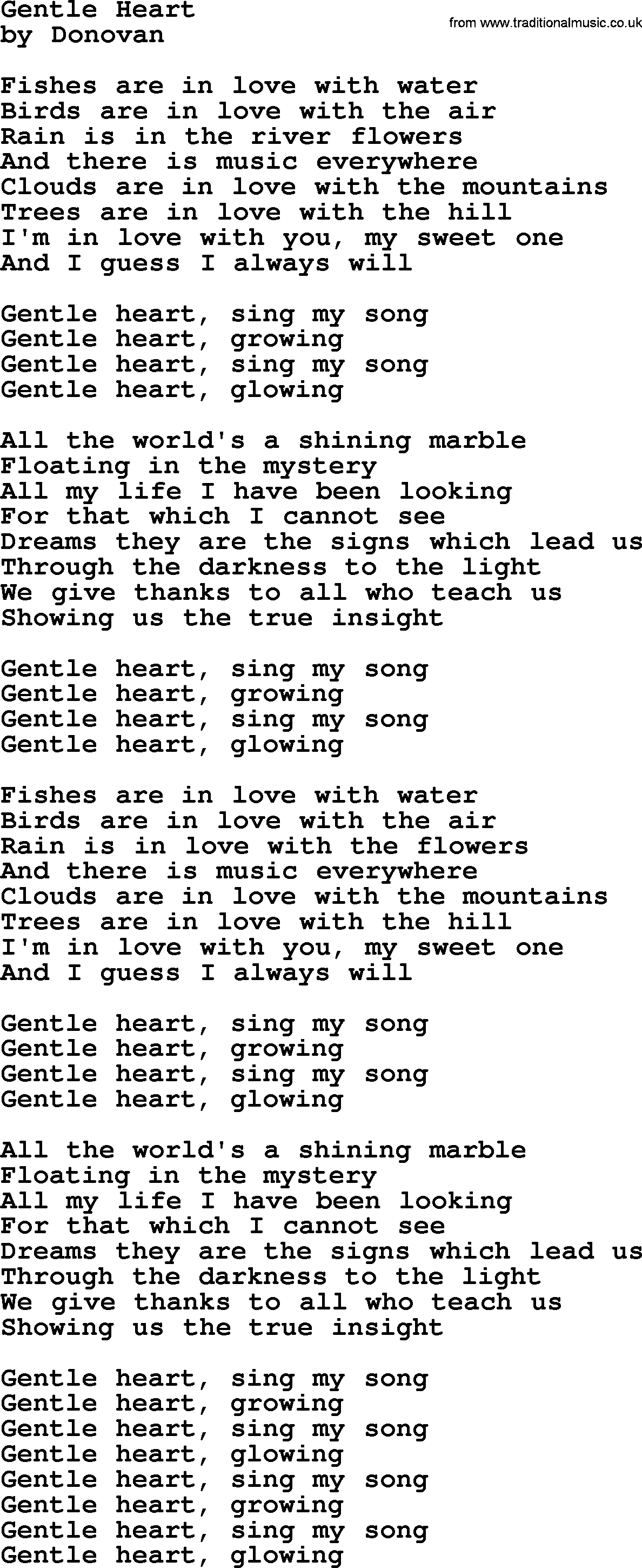 Donovan Leitch song: Gentle Heart lyrics