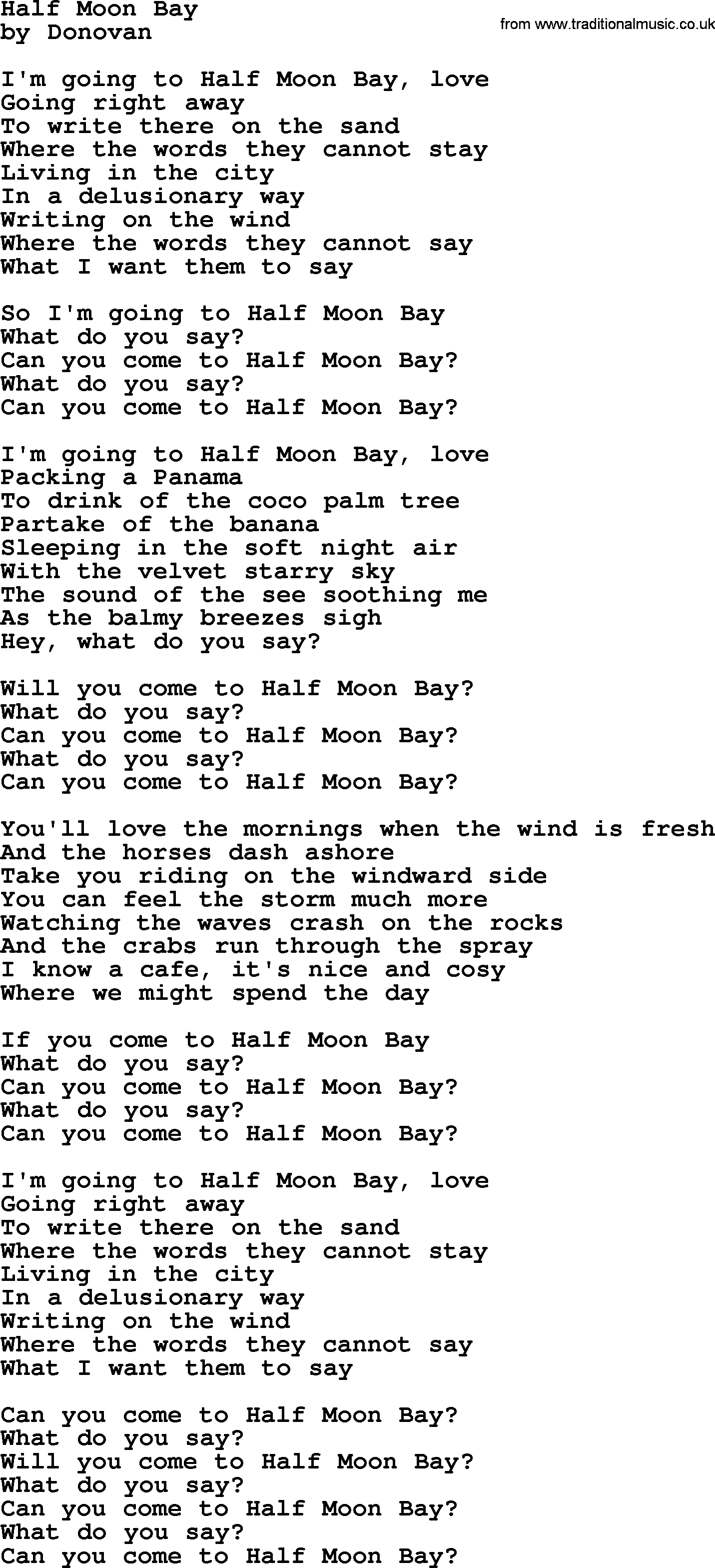 Donovan Leitch song: Half Moon Bay lyrics