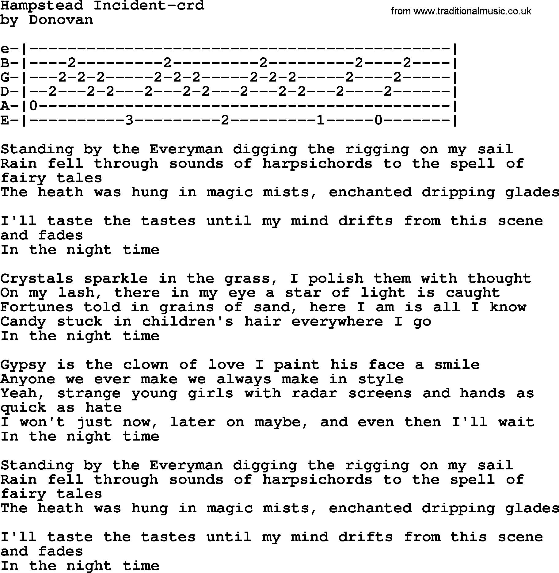 Donovan Leitch song: Hampstead Incident lyrics and chords