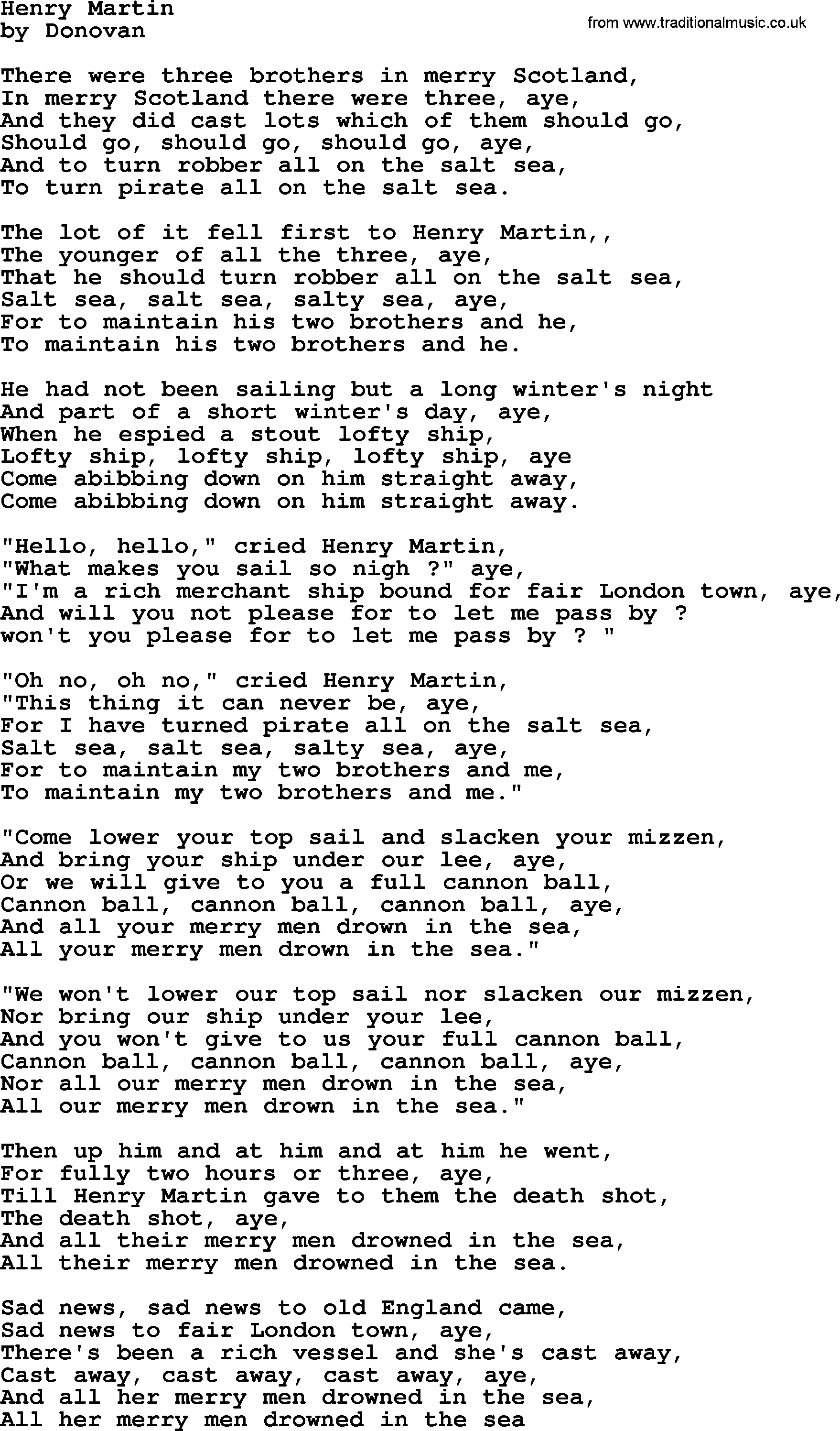 Donovan Leitch song: Henry Martin lyrics
